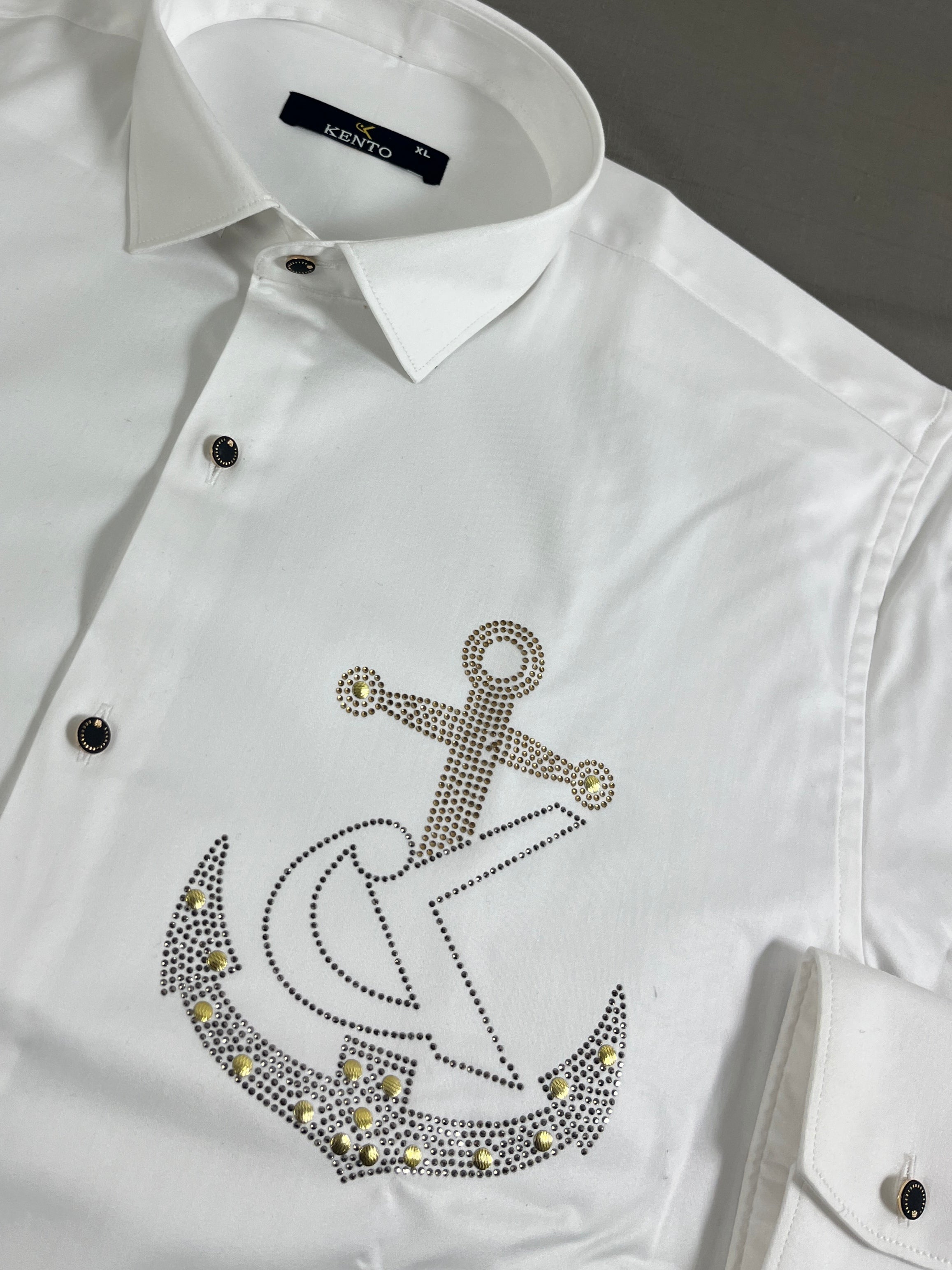 Premium White Cotton Satin Men’s Designer Shirt | Anchor Rhinestone Artwork Party Wear Shirt
