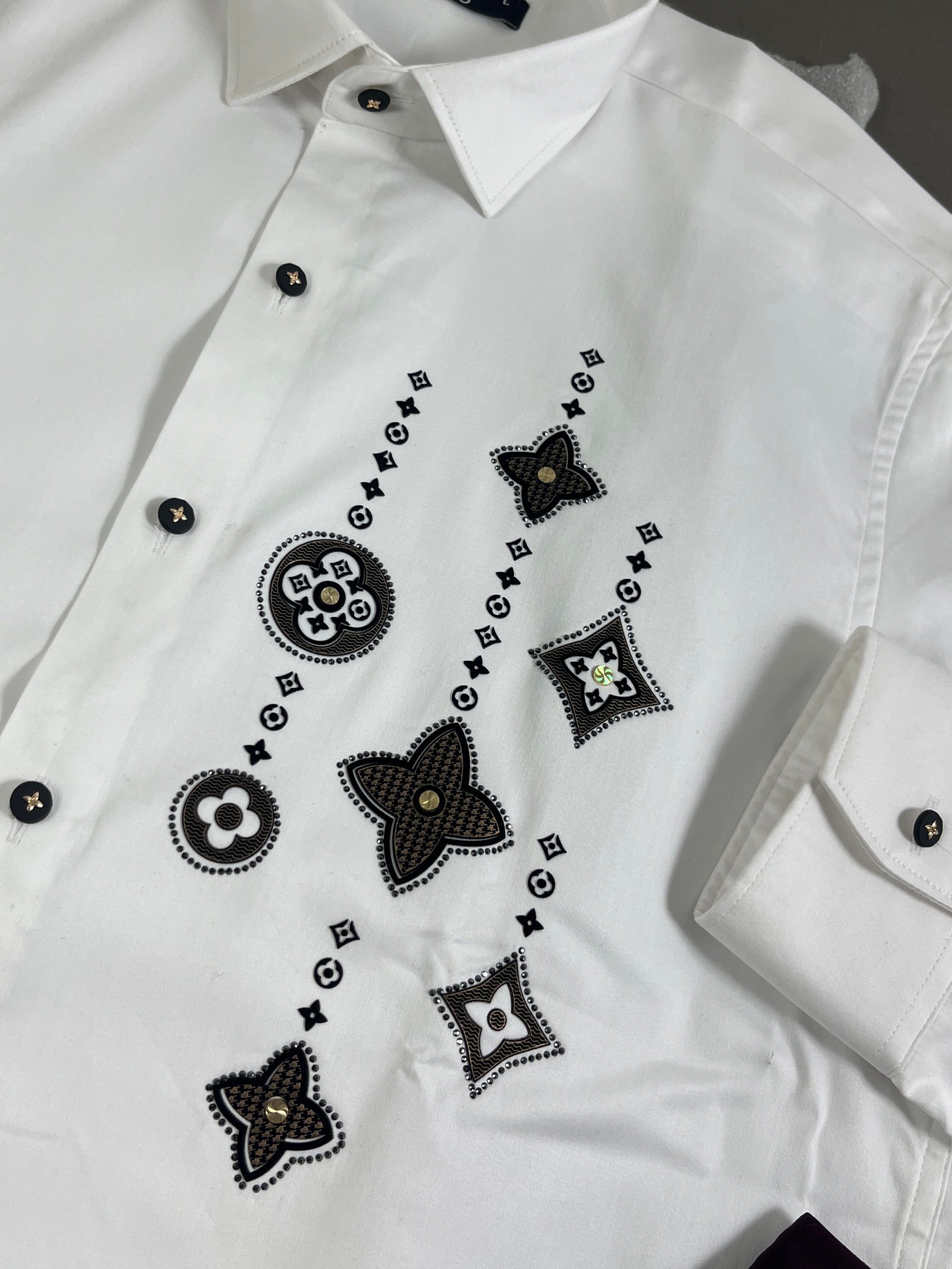 Premium White Cotton Satin Men’s Designer Shirt | Luxury Geometric Rhinestone Artwork Party Wear