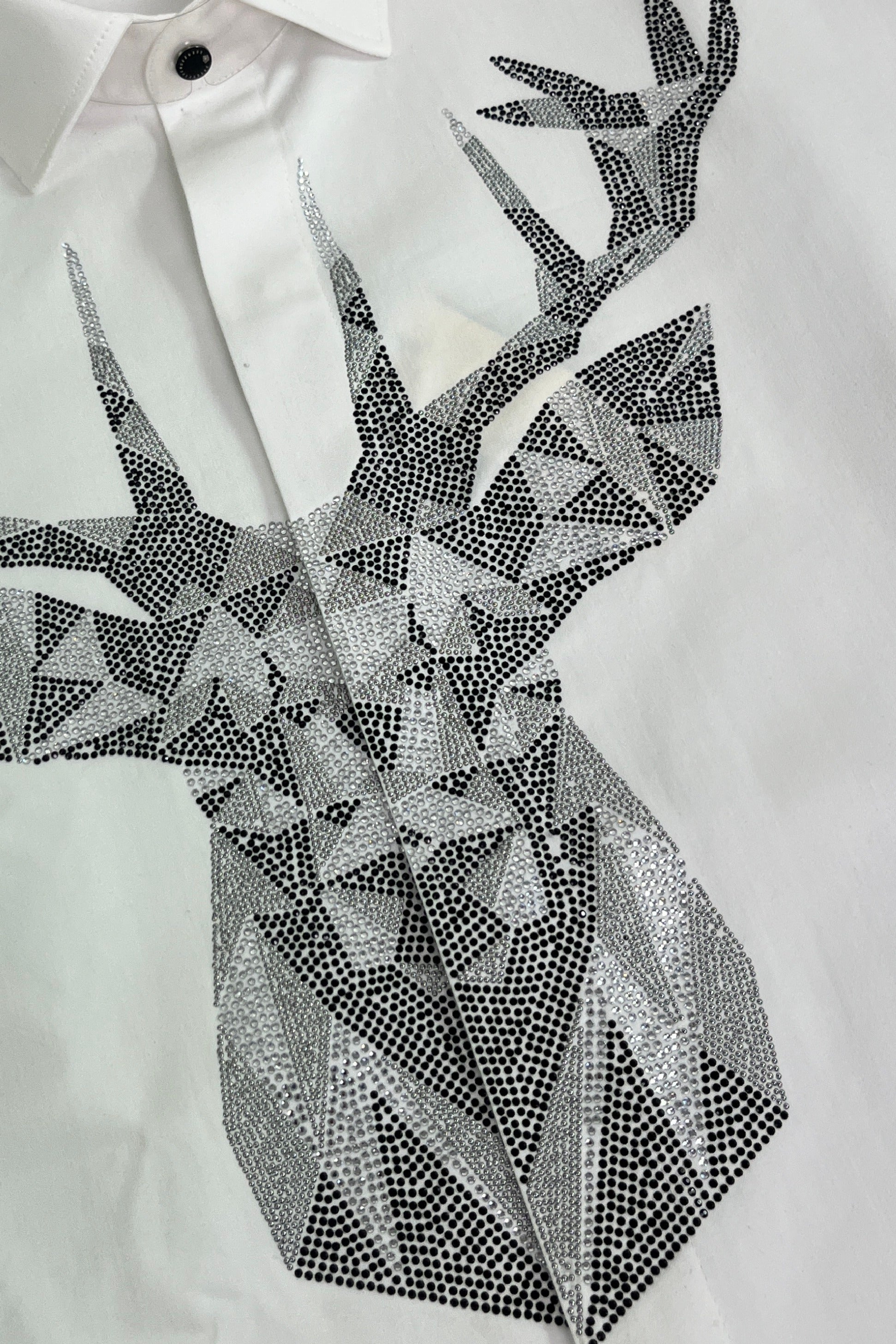 KENTO CLUB Luxury White Cotton Satin Shirt | Tailored Fit Men's Shirt w/ Geometric Stag Head Patchwork