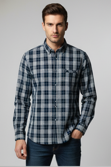 KENTO CLUB Men’s Navy Blue Premium Cotton Checks Shirt | Slim Fit Casual Wear