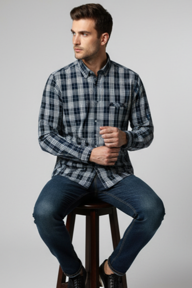 KENTO CLUB Men’s Navy Blue Premium Cotton Checks Shirt | Slim Fit Casual Wear