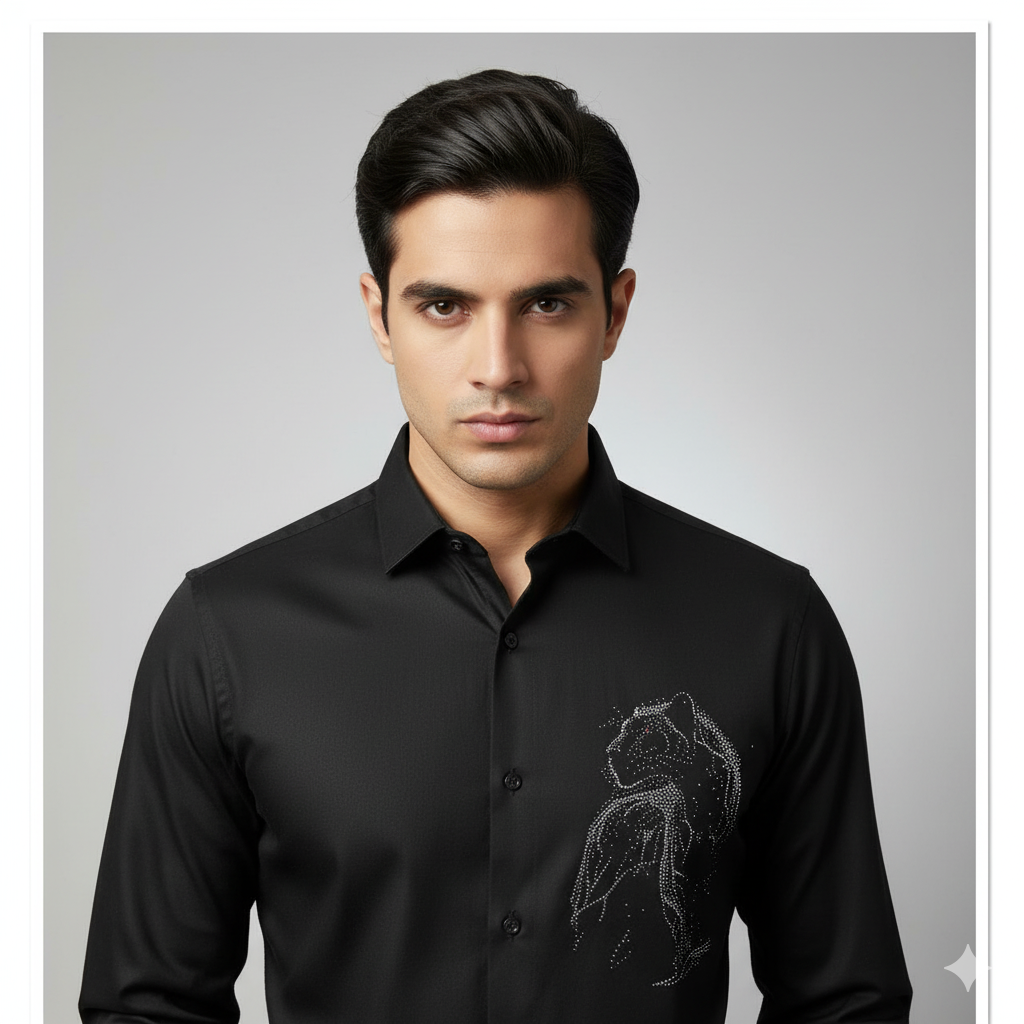 KENTO CLUB Luxury Cotton Satin Shirt | Tailored Fit Men's Shirt w/ Exclusive Panther/Leopard Motif