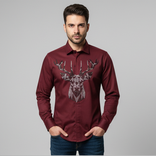 KENTO CLUB Luxury Maroon Cotton Satin Shirt | Tailored Fit Men's Shirt w/ Geometric Stag Head Patchwork