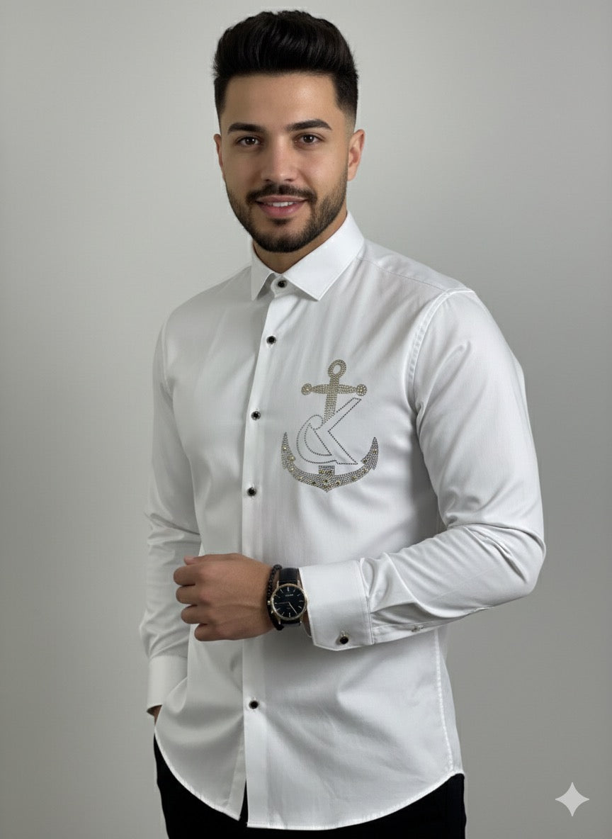 Premium White Cotton Satin Men’s Designer Shirt | Anchor Rhinestone Artwork Party Wear Shirt