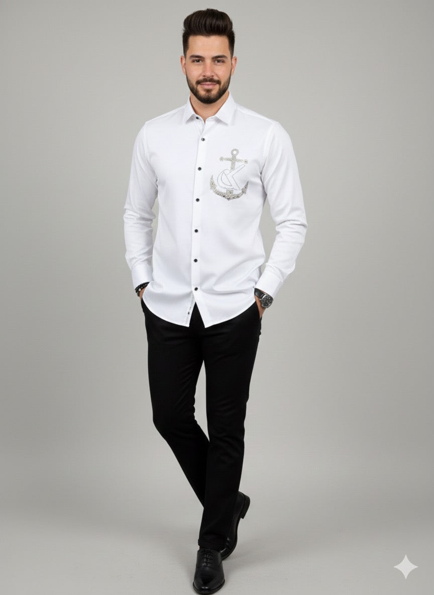 Premium White Cotton Satin Men’s Designer Shirt | Anchor Rhinestone Artwork Party Wear Shirt