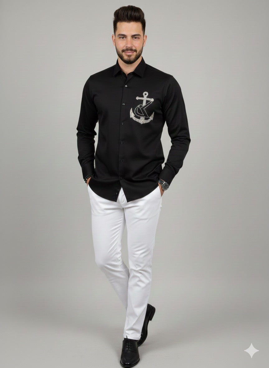 Premium Black Cotton Satin Men’s Designer Shirt | Anchor Rhinestone Artwork Party Wear Shirt (Copy)