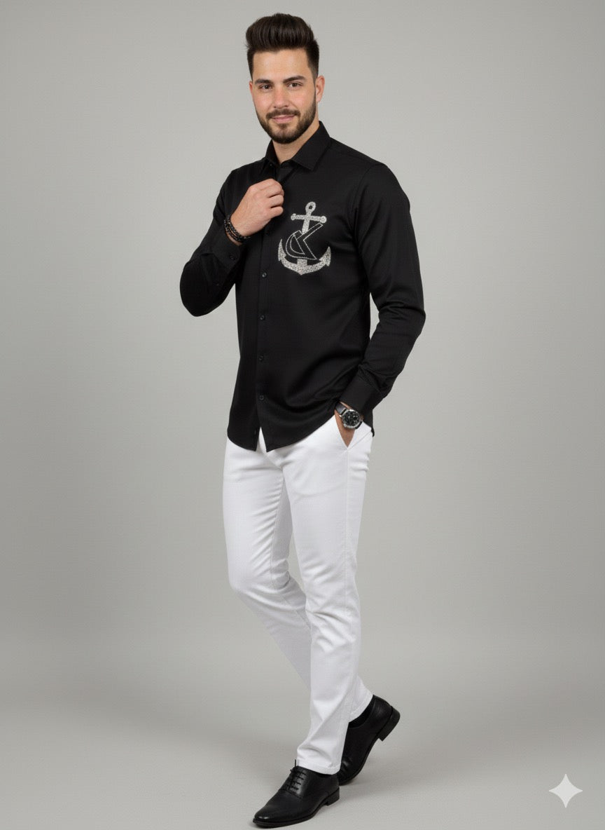 Premium Black Cotton Satin Men’s Designer Shirt | Anchor Rhinestone Artwork Party Wear Shirt (Copy)