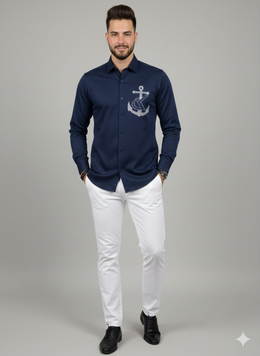 Premium Navy Blue Cotton Satin Men’s Designer Shirt | Anchor Rhinestone Artwork Party Wear Shirt (Copy) (Copy)