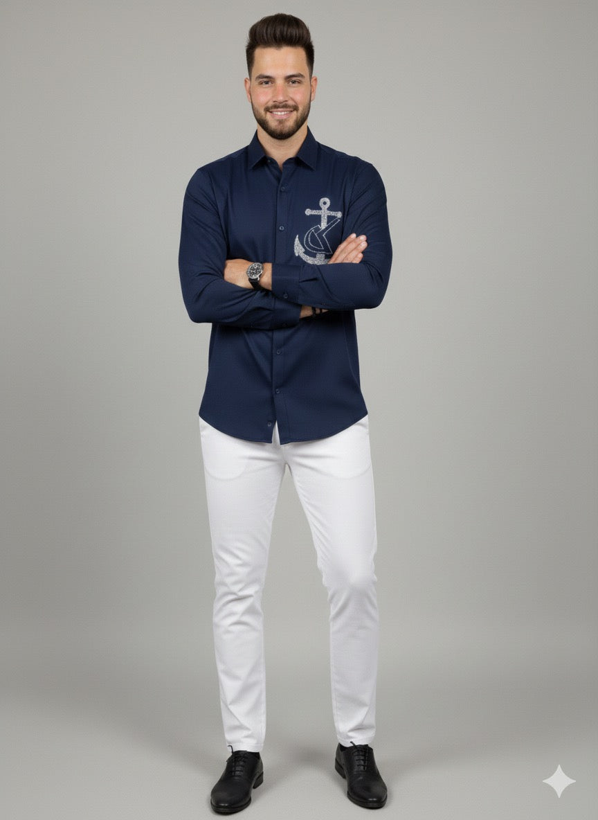 Premium Navy Blue Cotton Satin Men’s Designer Shirt | Anchor Rhinestone Artwork Party Wear Shirt (Copy) (Copy)