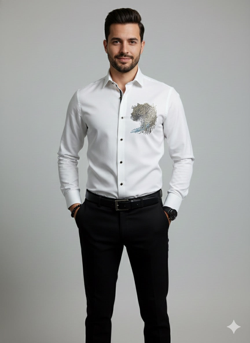 Premium White Cotton Satin Men’s Designer Shirt | Rhinestone Artwork Party Wear Shirt