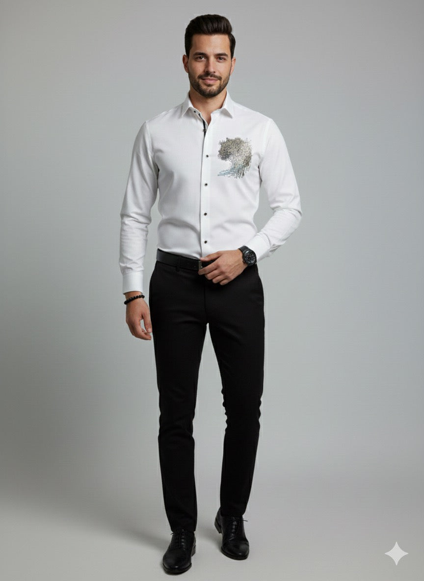 Premium White Cotton Satin Men’s Designer Shirt | Rhinestone Artwork Party Wear Shirt