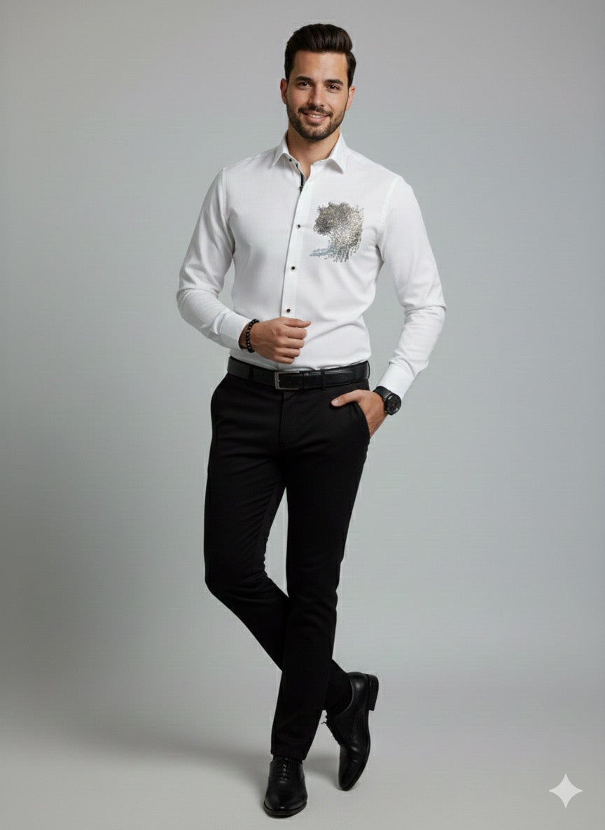 Premium White Cotton Satin Men’s Designer Shirt | Rhinestone Artwork Party Wear Shirt