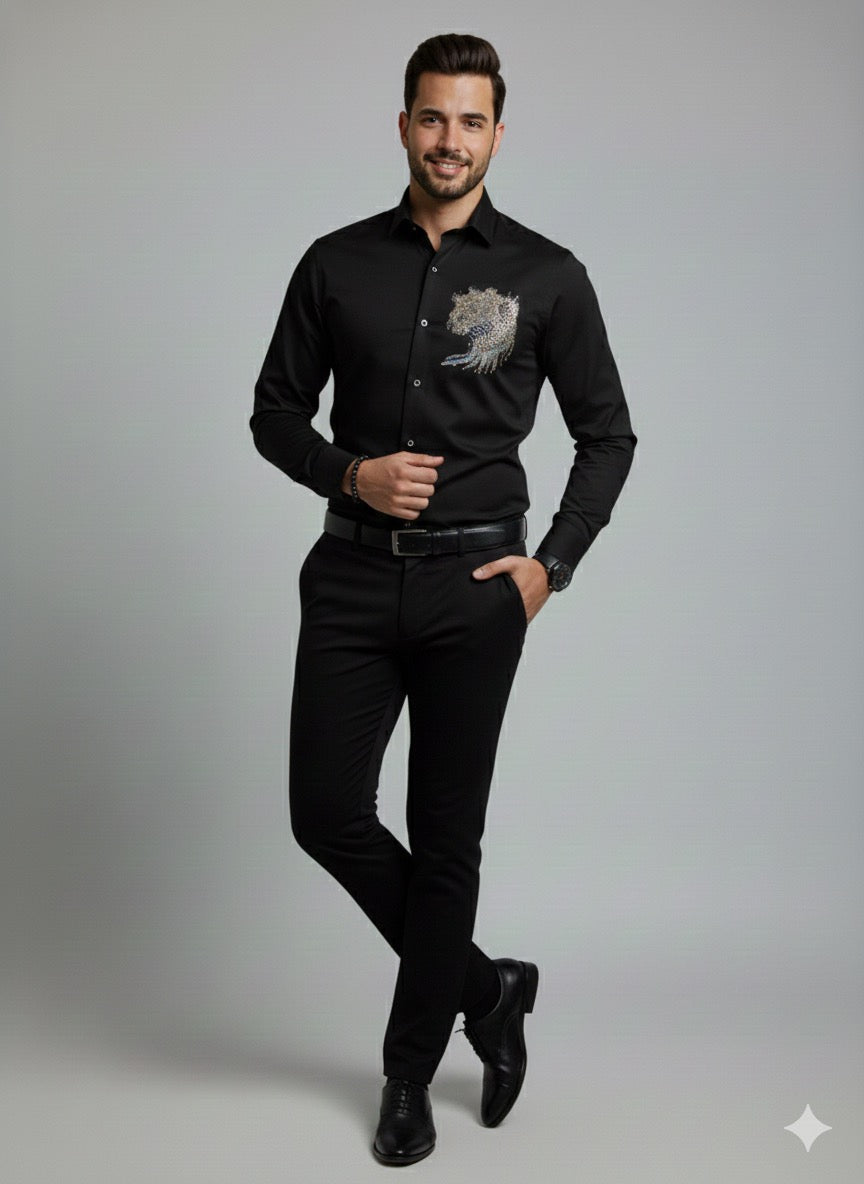 Premium Black Cotton Satin Men’s Designer Shirt | Rhinestone Artwork Party Wear Shirt (Copy)