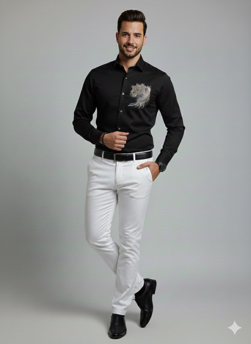 Premium Black Cotton Satin Men’s Designer Shirt | Rhinestone Artwork Party Wear Shirt (Copy)