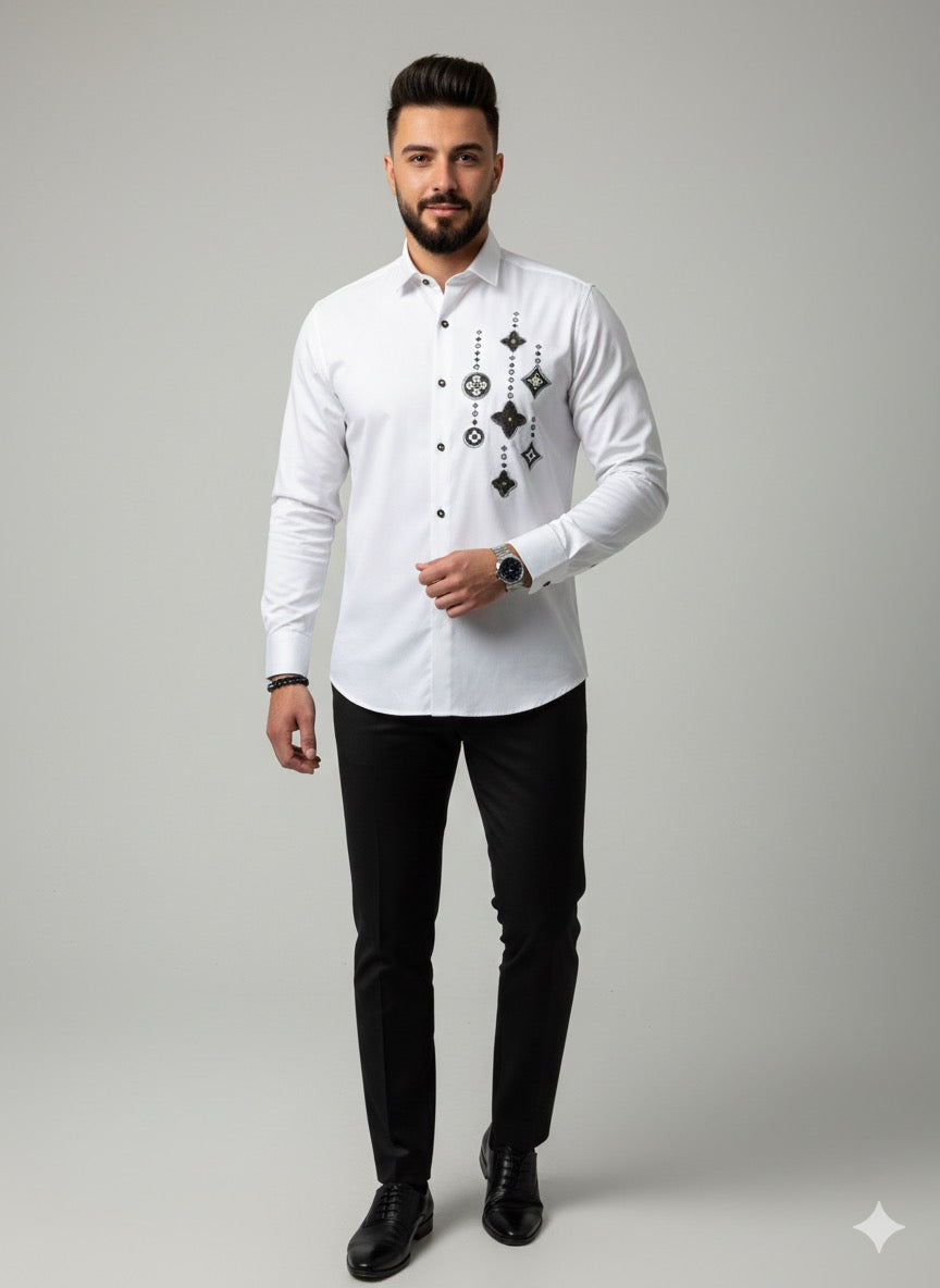 Premium White Cotton Satin Men’s Designer Shirt | Luxury Geometric Rhinestone Artwork Party Wear