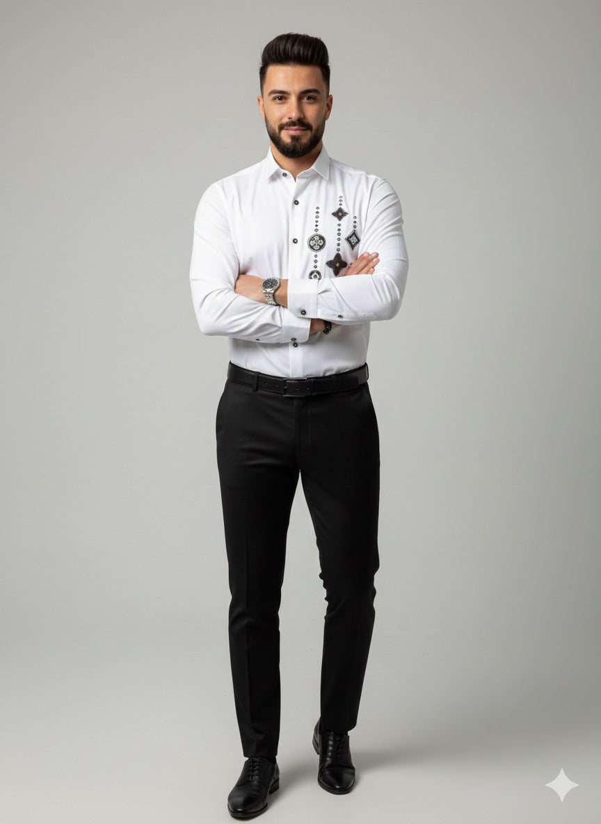 Premium White Cotton Satin Men’s Designer Shirt | Luxury Geometric Rhinestone Artwork Party Wear