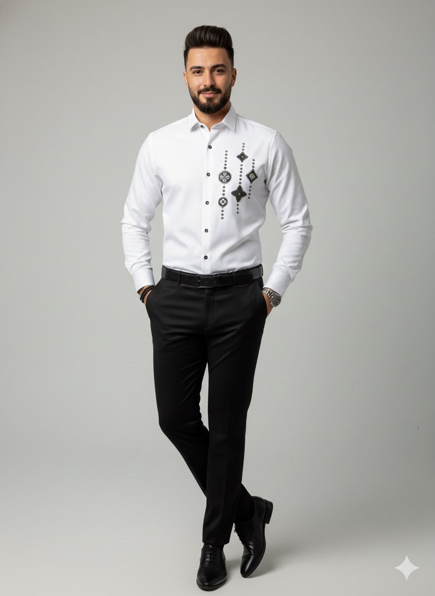 Premium White Cotton Satin Men’s Designer Shirt | Luxury Geometric Rhinestone Artwork Party Wear