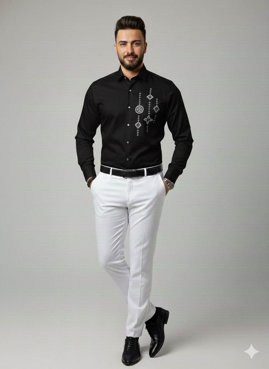 Premium Black Cotton Satin Men’s Designer Shirt | Luxury Geometric Rhinestone Artwork Party Wear (Copy)