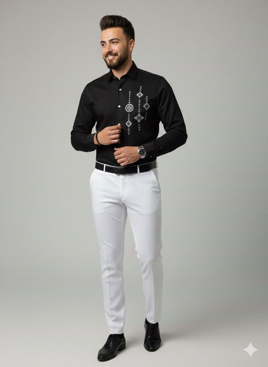 Premium Black Cotton Satin Men’s Designer Shirt | Luxury Geometric Rhinestone Artwork Party Wear (Copy)