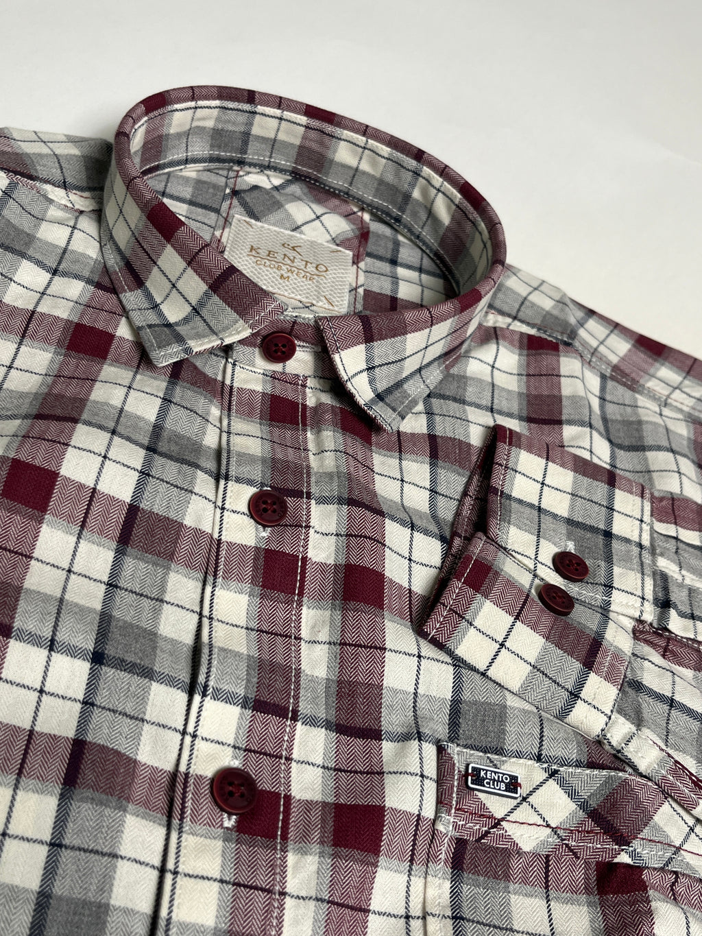 KENTO CLUB Premium Checkered Men’s Shirt | Maroon & Grey Plaid Cotton Blend Shirt for Casual & Formal Wear