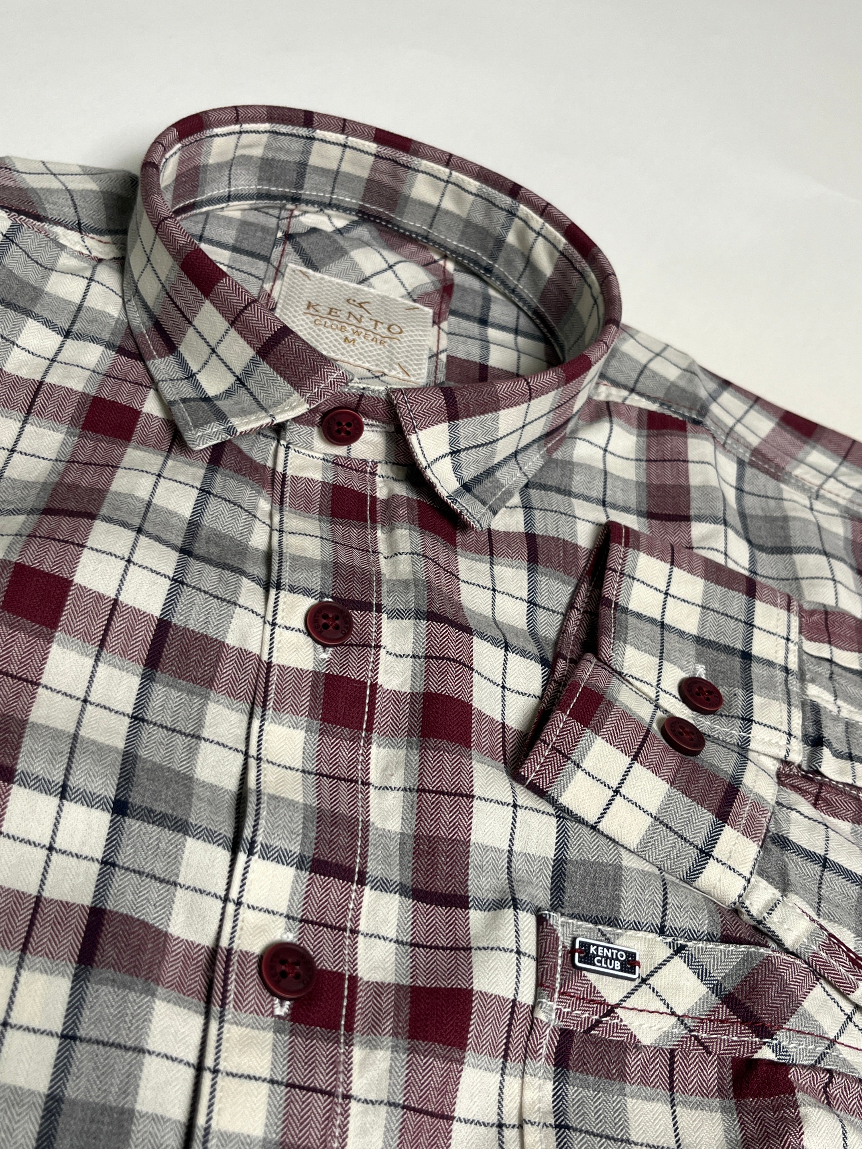 KENTO CLUB Premium Checkered Men’s Shirt | Maroon & Grey Plaid Cotton Blend Shirt for Casual & Formal Wear