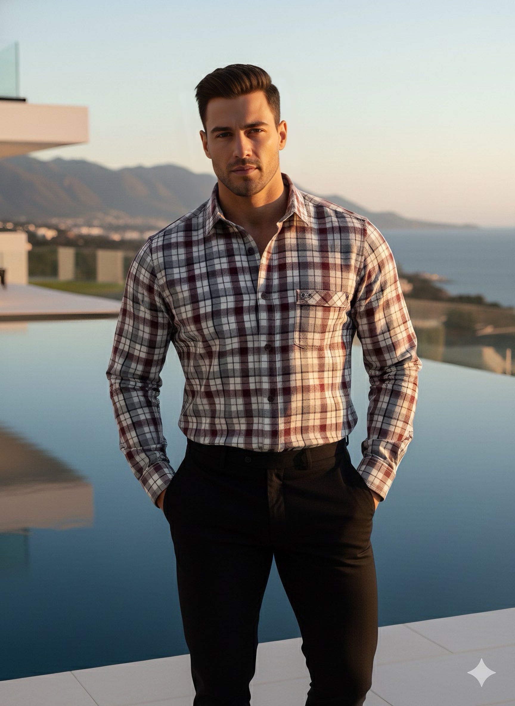 KENTO CLUB Premium Checkered Men’s Shirt | Maroon & Grey Plaid Cotton Blend Shirt for Casual & Formal Wear