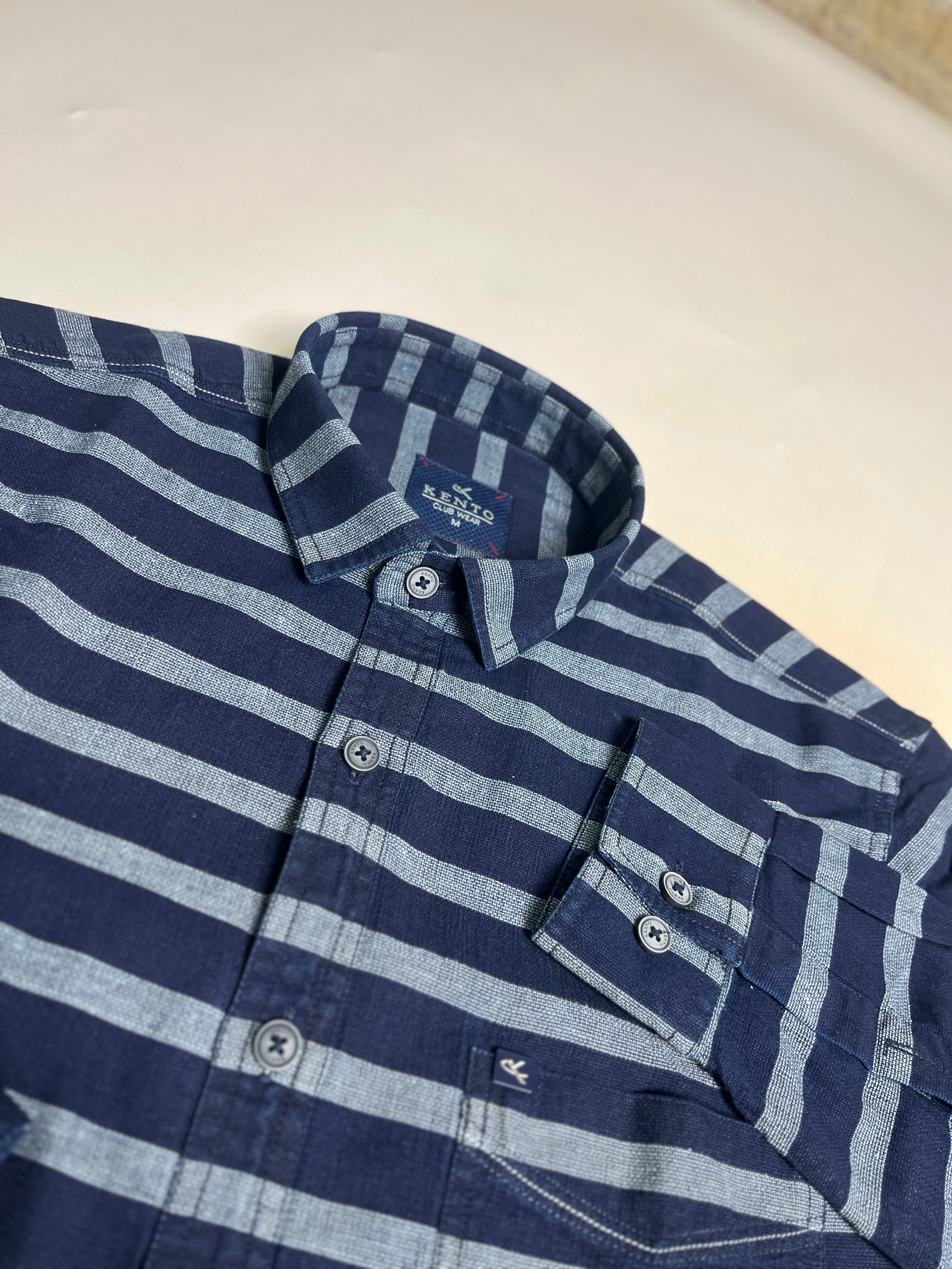 KENTO CLUB Premium Navy Blue Striped Men’s Shirt | Cotton Casual & Office Wear Shirt