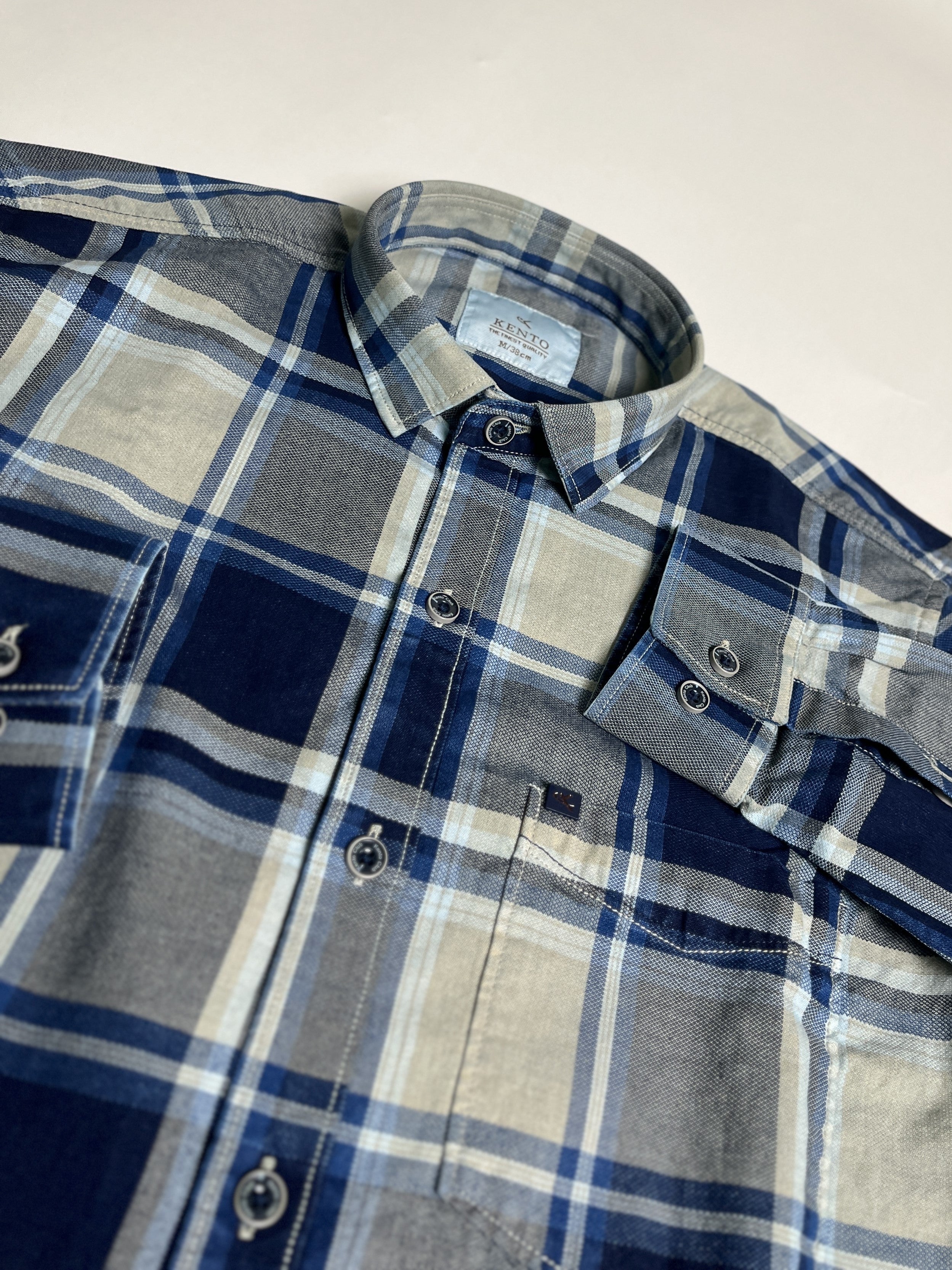 KENTO CLUB Premium Blue & Grey Checkered Men’s Shirt | Cotton Blend Plaid Shirt for Casual & Office Wear