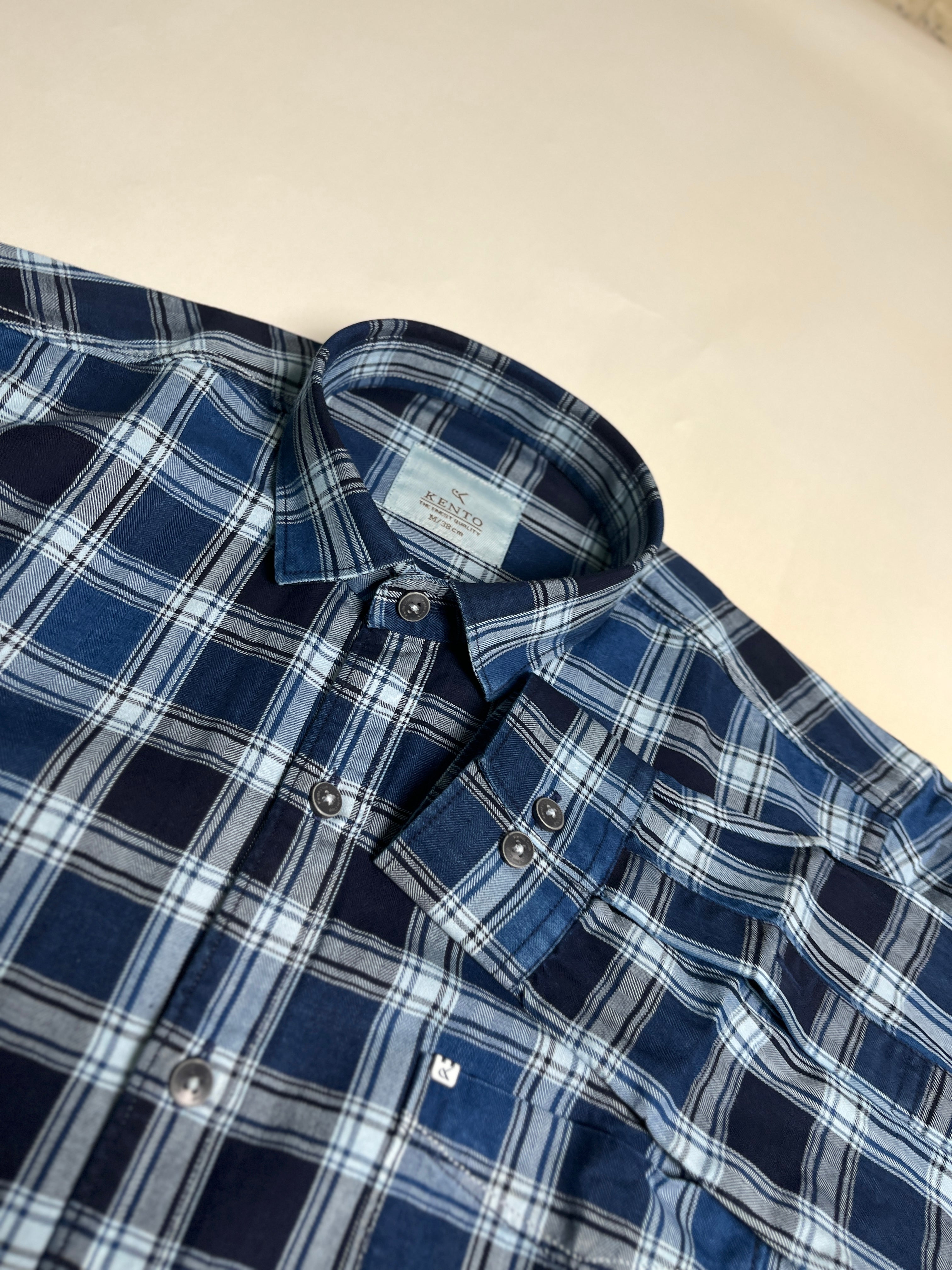 KENTO CLUB Premium Navy Blue & Sky Blue Checkered Men’s Shirt | Cotton Blend Plaid Shirt for Casual & Office Wear