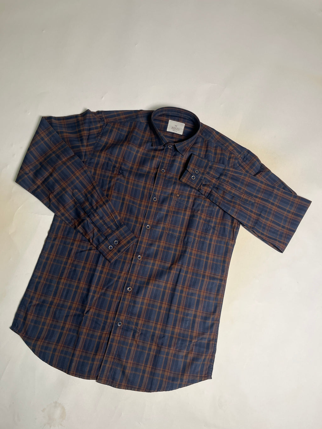 KENTO CLUB Premium Navy Blue & Brown Checkered Men’s Shirt | Cotton Blend Plaid Shirt for Casual & Office Wear