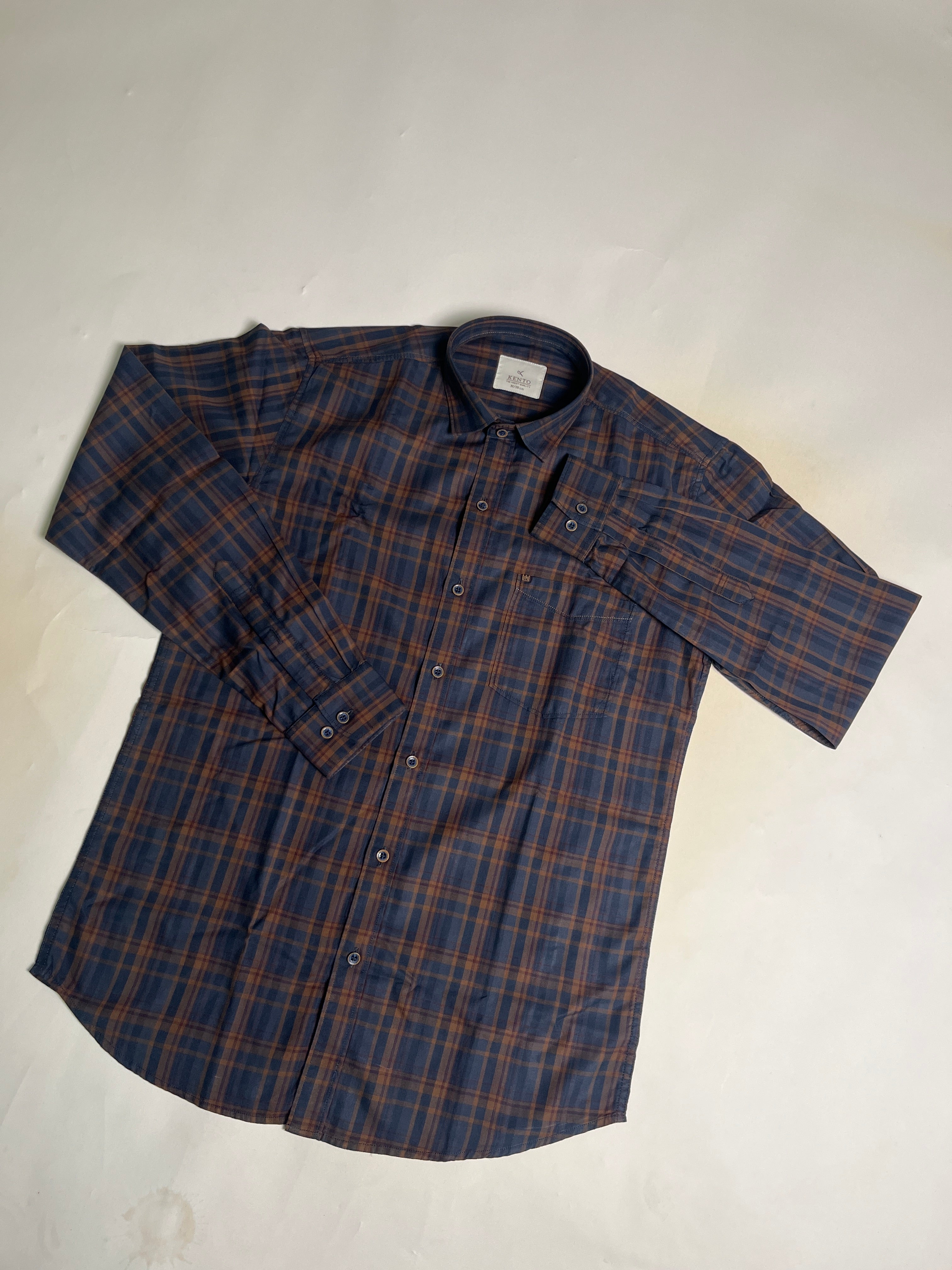 KENTO CLUB Premium Navy Blue & Brown Checkered Men’s Shirt | Cotton Blend Plaid Shirt for Casual & Office Wear
