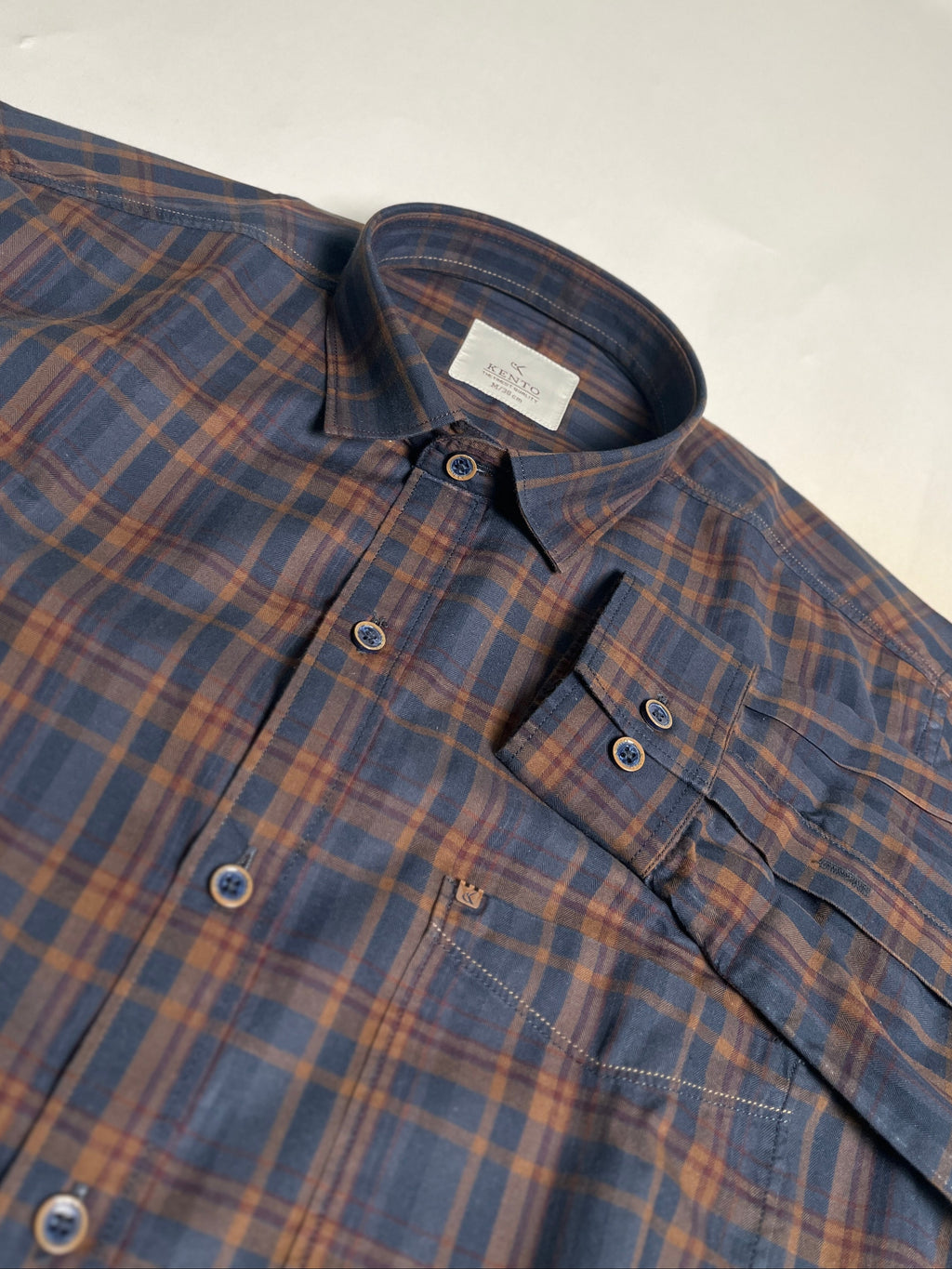 KENTO CLUB Premium Navy Blue & Brown Checkered Men’s Shirt | Cotton Blend Plaid Shirt for Casual & Office Wear