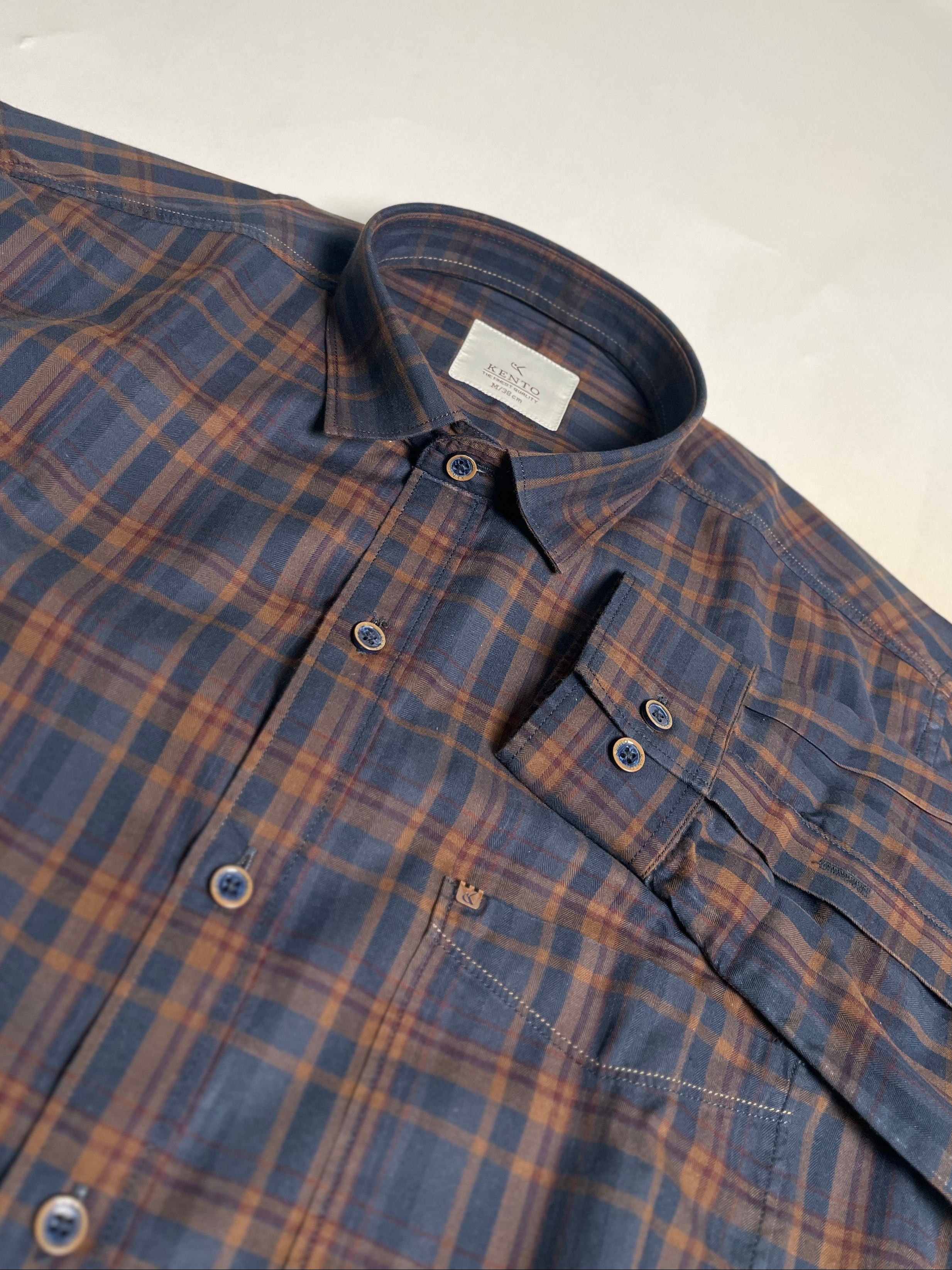 KENTO CLUB Premium Navy Blue & Brown Checkered Men’s Shirt | Cotton Blend Plaid Shirt for Casual & Office Wear