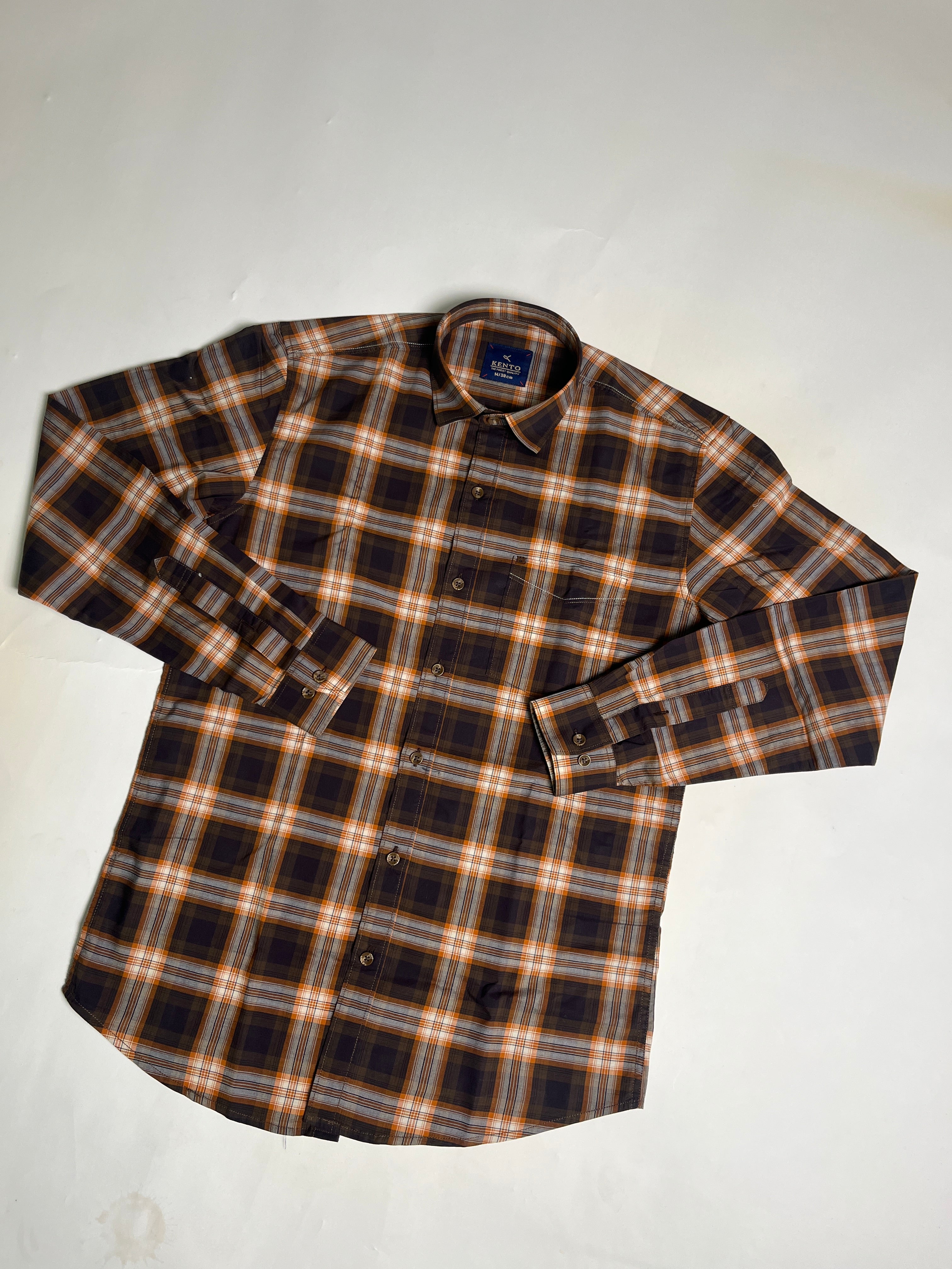 KENTO CLUB Premium Brown & Orange Checkered Men’s Shirt | Cotton Blend Plaid Shirt for Casual & Office Wear
