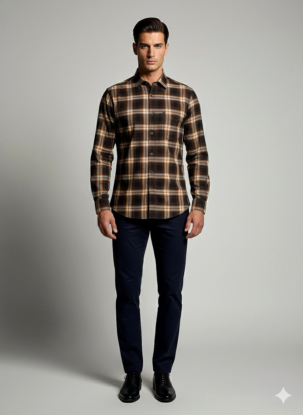 KENTO CLUB Premium Brown & Orange Checkered Men’s Shirt | Cotton Blend Plaid Shirt for Casual & Office Wear