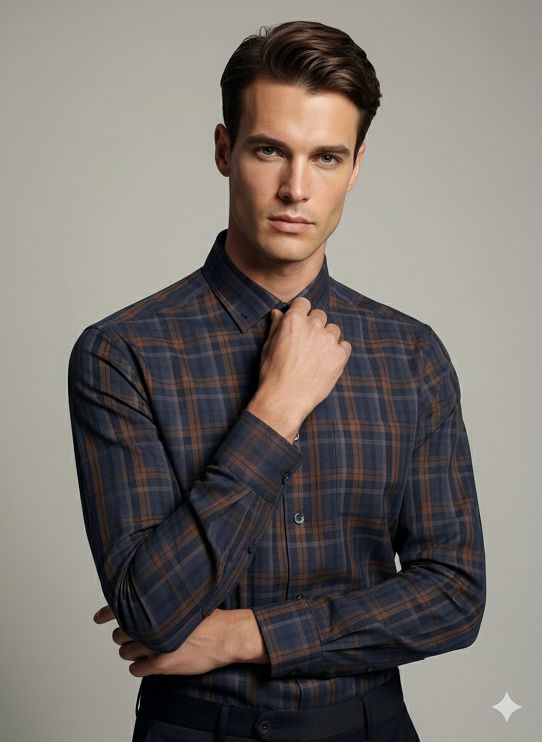 KENTO CLUB Premium Navy Blue & Brown Checkered Men’s Shirt | Cotton Blend Plaid Shirt for Casual & Office Wear