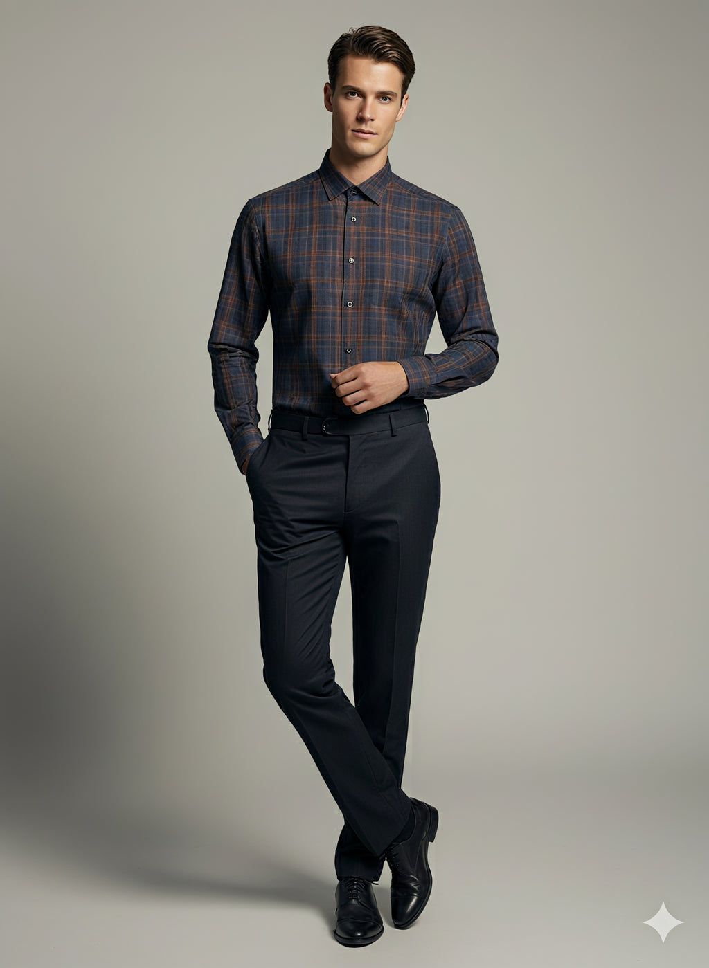 KENTO CLUB Premium Navy Blue & Brown Checkered Men’s Shirt | Cotton Blend Plaid Shirt for Casual & Office Wear