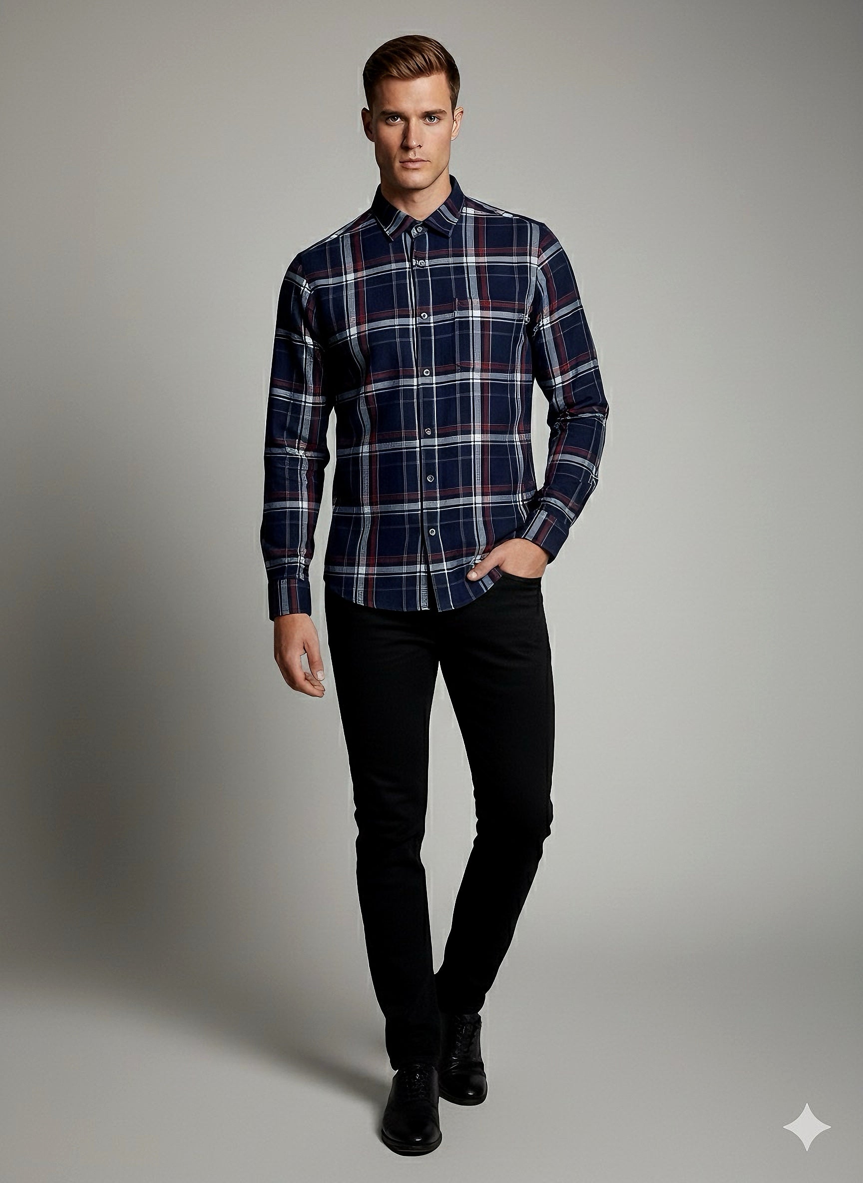 KENTO CLUB Premium Navy Blue & Red Checkered Men’s Shirt | Cotton Blend Plaid Shirt for Casual & Office Wear