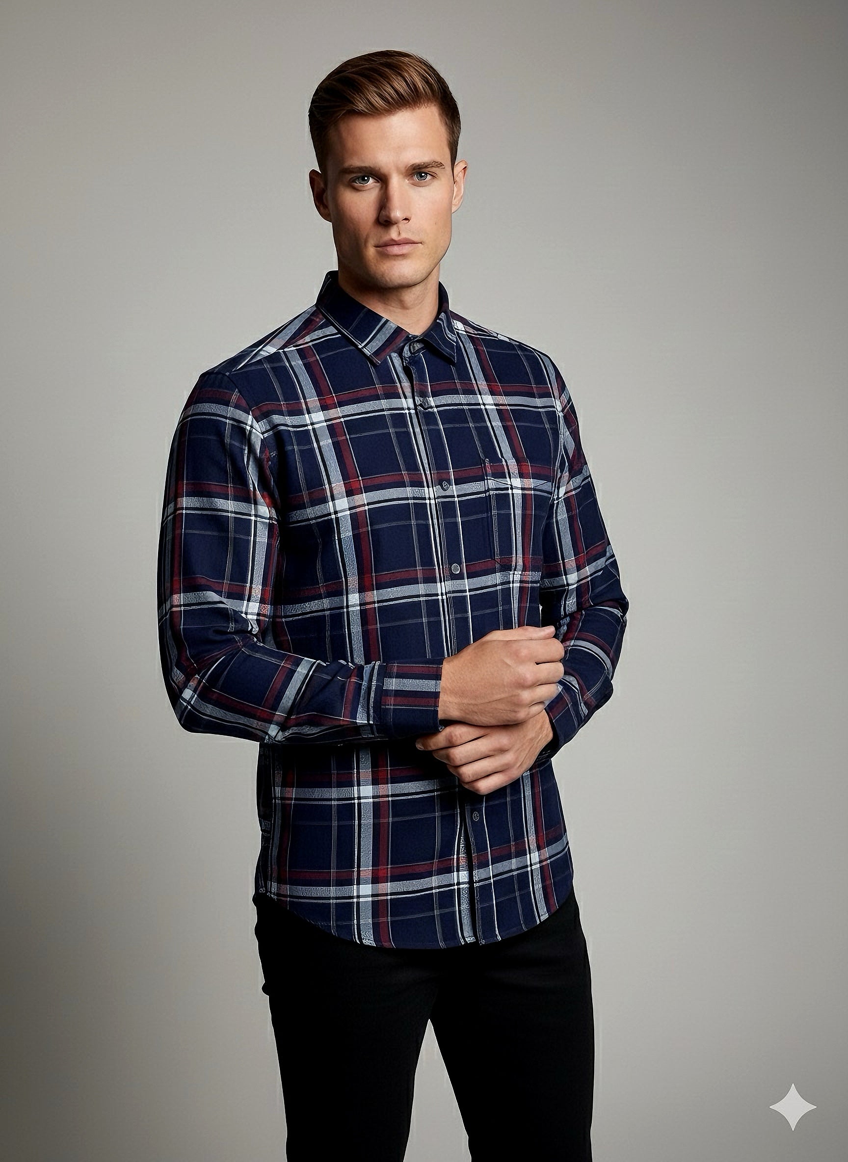 KENTO CLUB Premium Navy Blue & Red Checkered Men’s Shirt | Cotton Blend Plaid Shirt for Casual & Office Wear