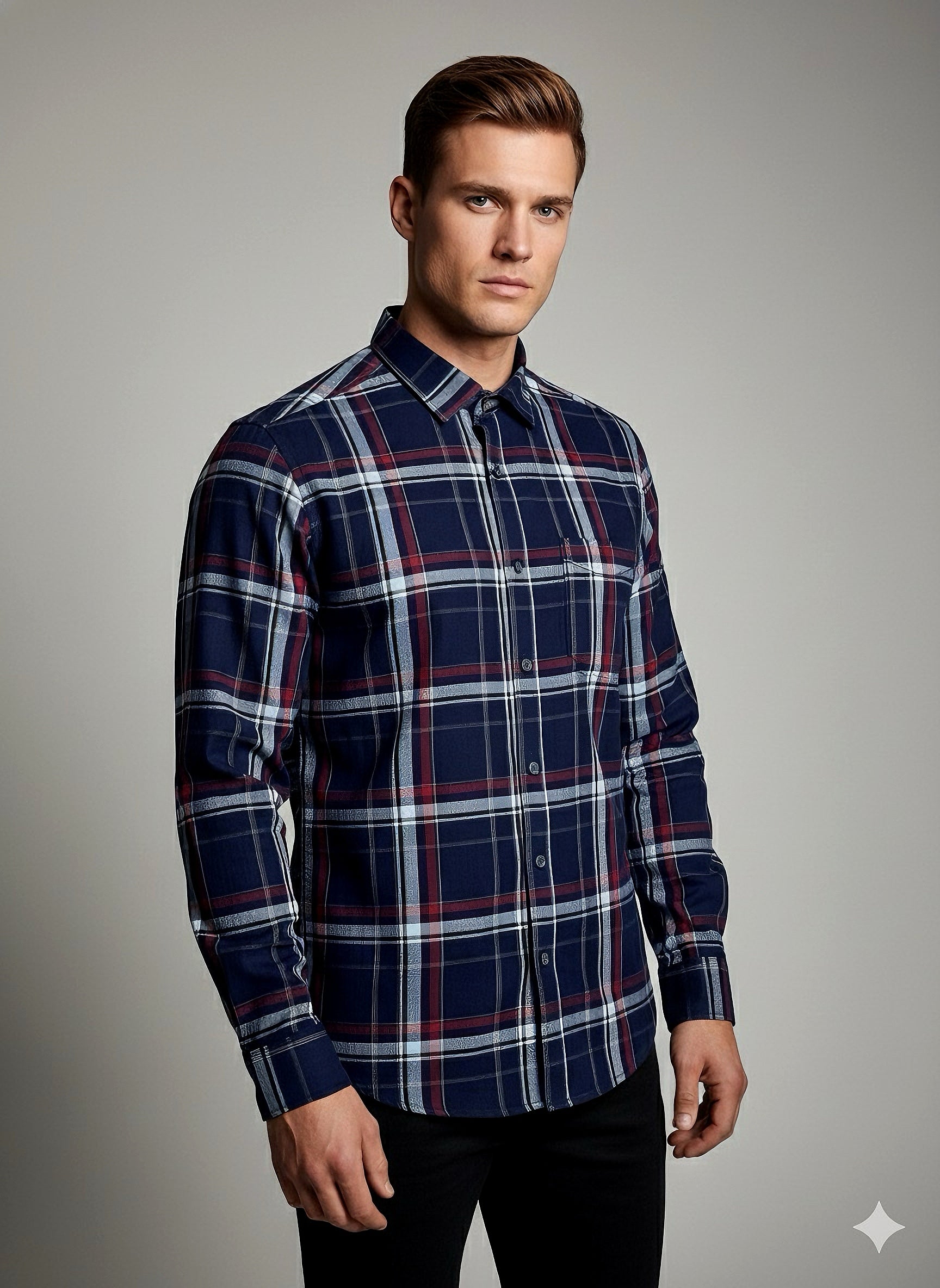 KENTO CLUB Premium Navy Blue & Red Checkered Men’s Shirt | Cotton Blend Plaid Shirt for Casual & Office Wear