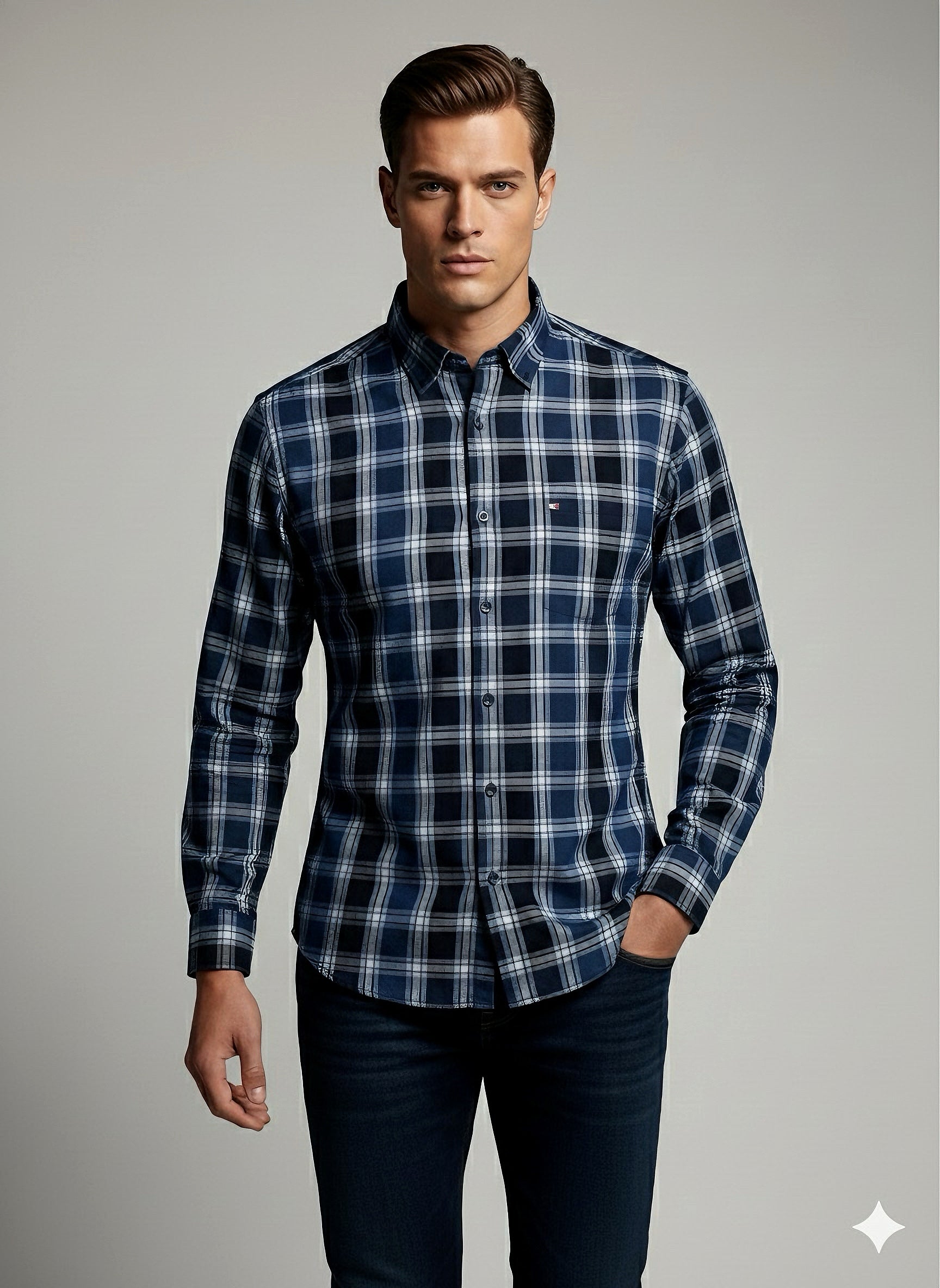 KENTO CLUB Premium Navy Blue & Sky Blue Checkered Men’s Shirt | Cotton Blend Plaid Shirt for Casual & Office Wear