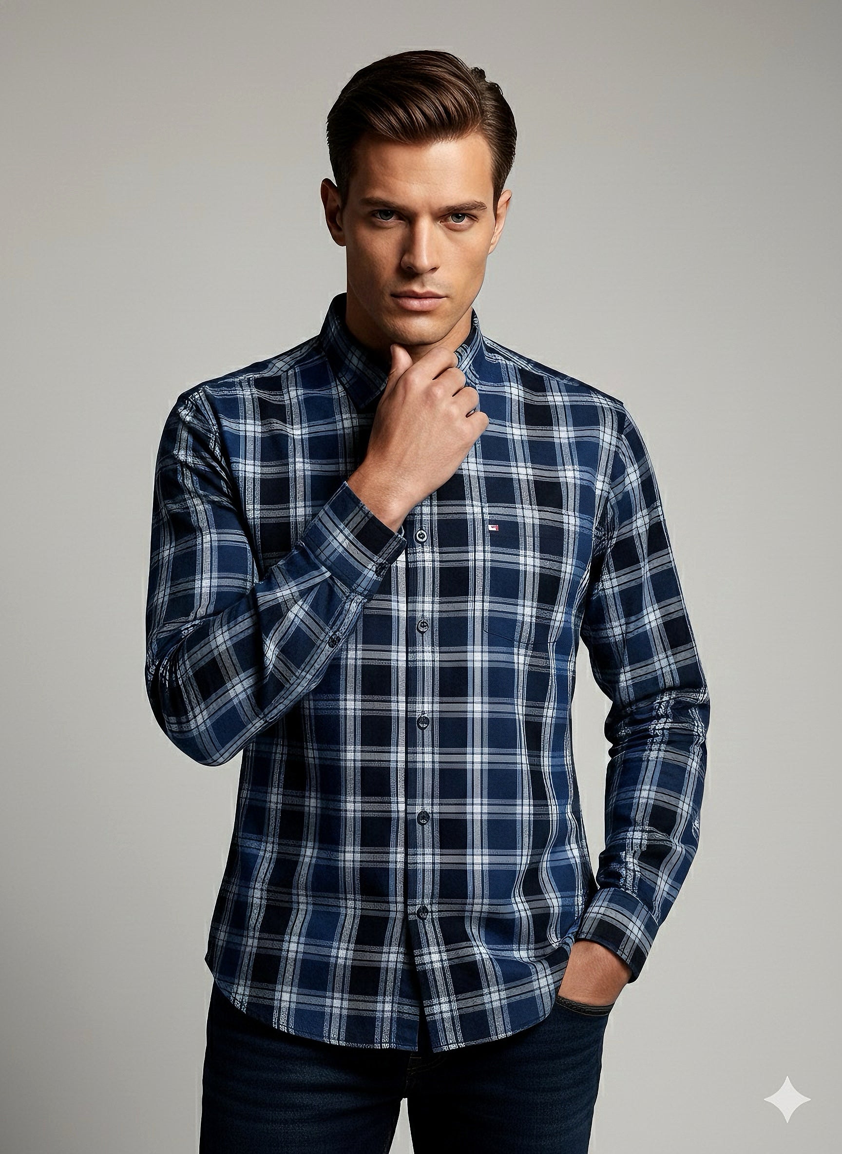 KENTO CLUB Premium Navy Blue & Sky Blue Checkered Men’s Shirt | Cotton Blend Plaid Shirt for Casual & Office Wear