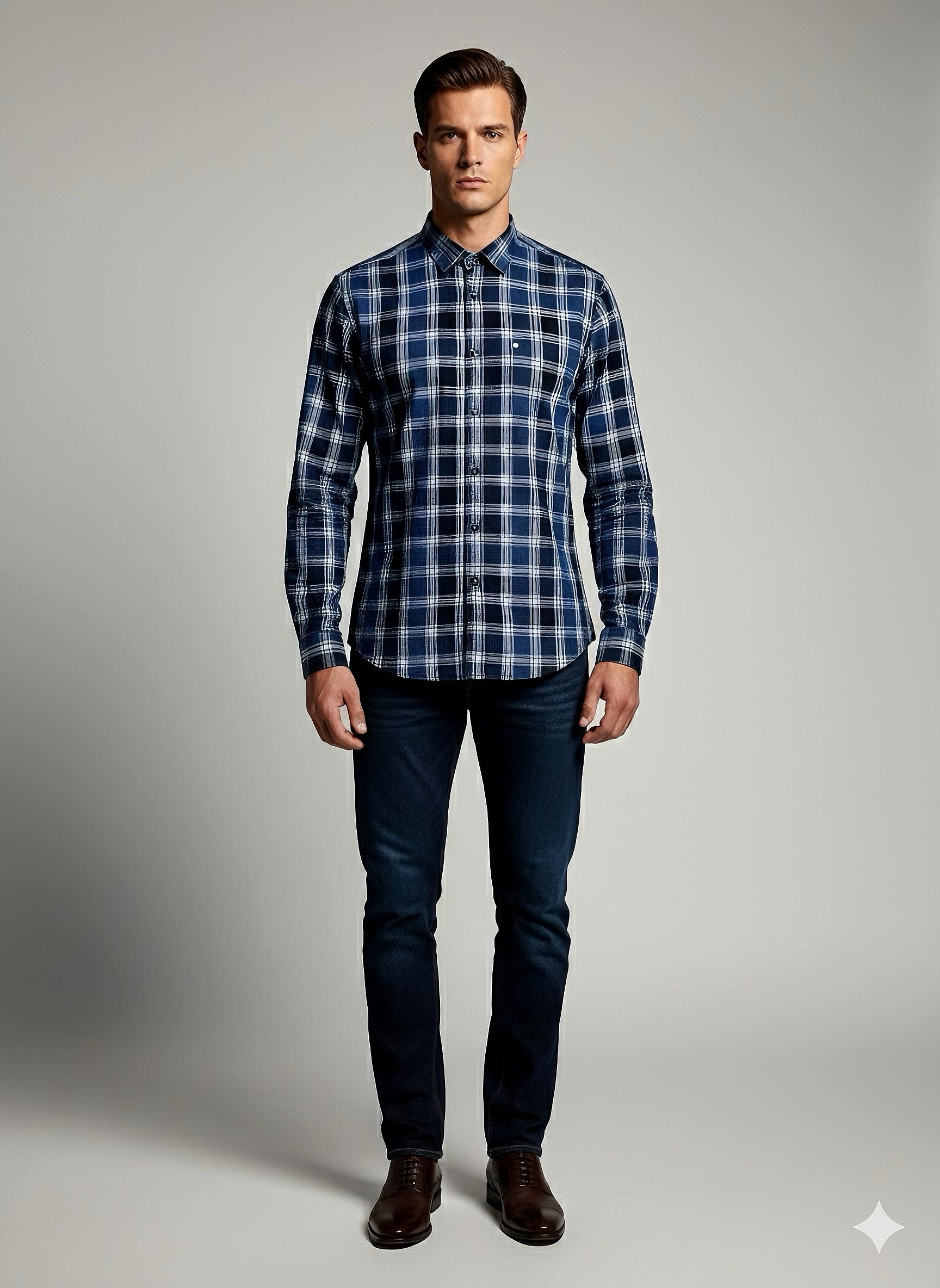 KENTO CLUB Premium Navy Blue & Sky Blue Checkered Men’s Shirt | Cotton Blend Plaid Shirt for Casual & Office Wear