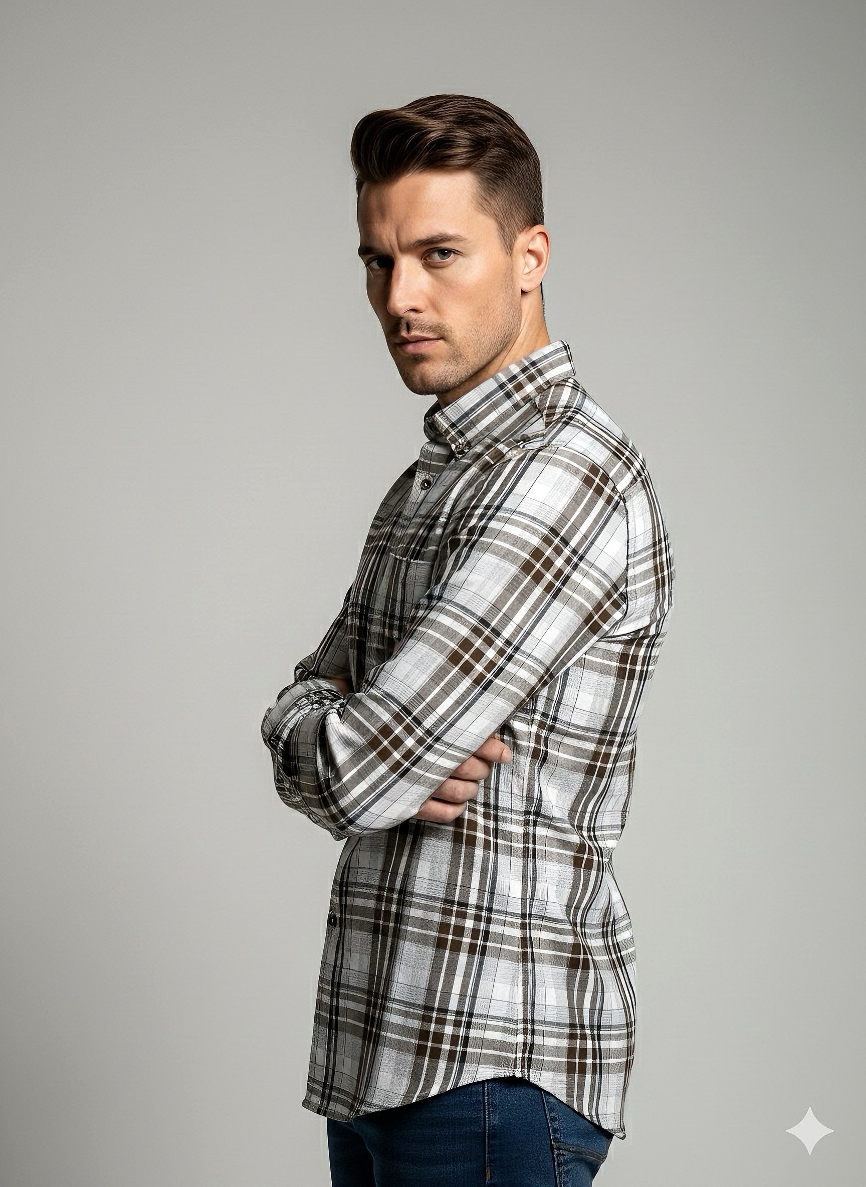 KENTO CLUB Premium Brown & White Checkered Men’s Shirt | Cotton Blend Plaid Shirt for Casual & Office Wear