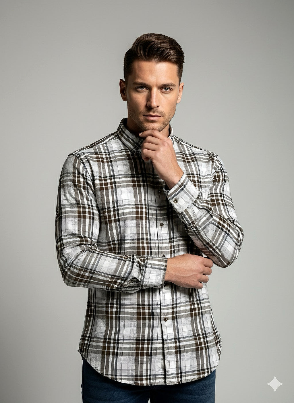 KENTO CLUB Premium Brown & White Checkered Men’s Shirt | Cotton Blend Plaid Shirt for Casual & Office Wear