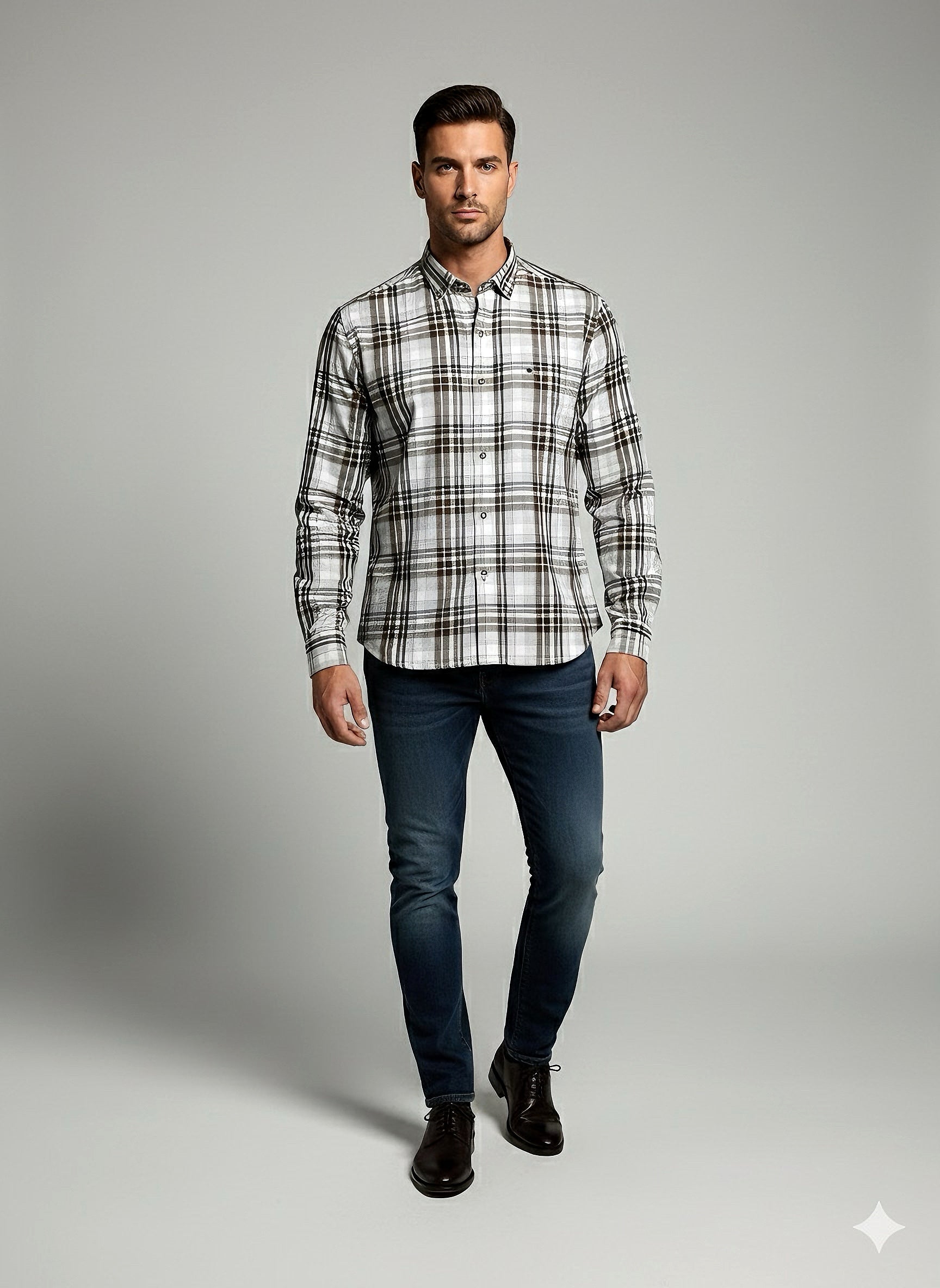 KENTO CLUB Premium Brown & White Checkered Men’s Shirt | Cotton Blend Plaid Shirt for Casual & Office Wear