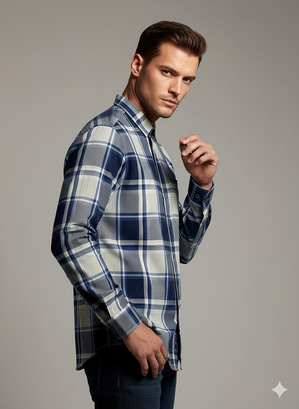 KENTO CLUB Premium Blue & Grey Checkered Men’s Shirt | Cotton Blend Plaid Shirt for Casual & Office Wear