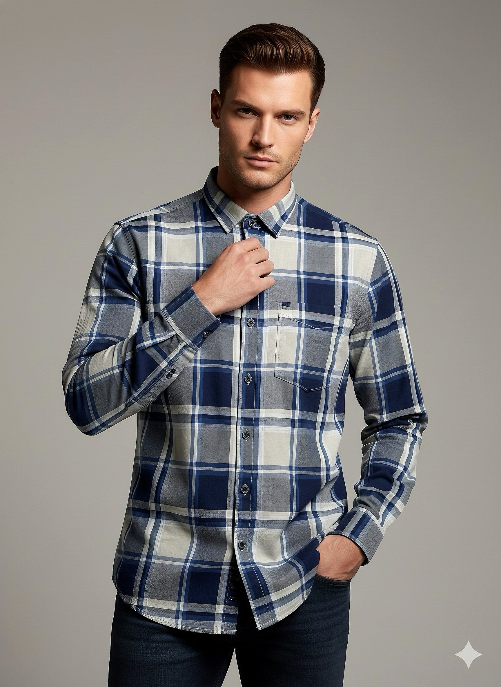KENTO CLUB Premium Blue & Grey Checkered Men’s Shirt | Cotton Blend Plaid Shirt for Casual & Office Wear