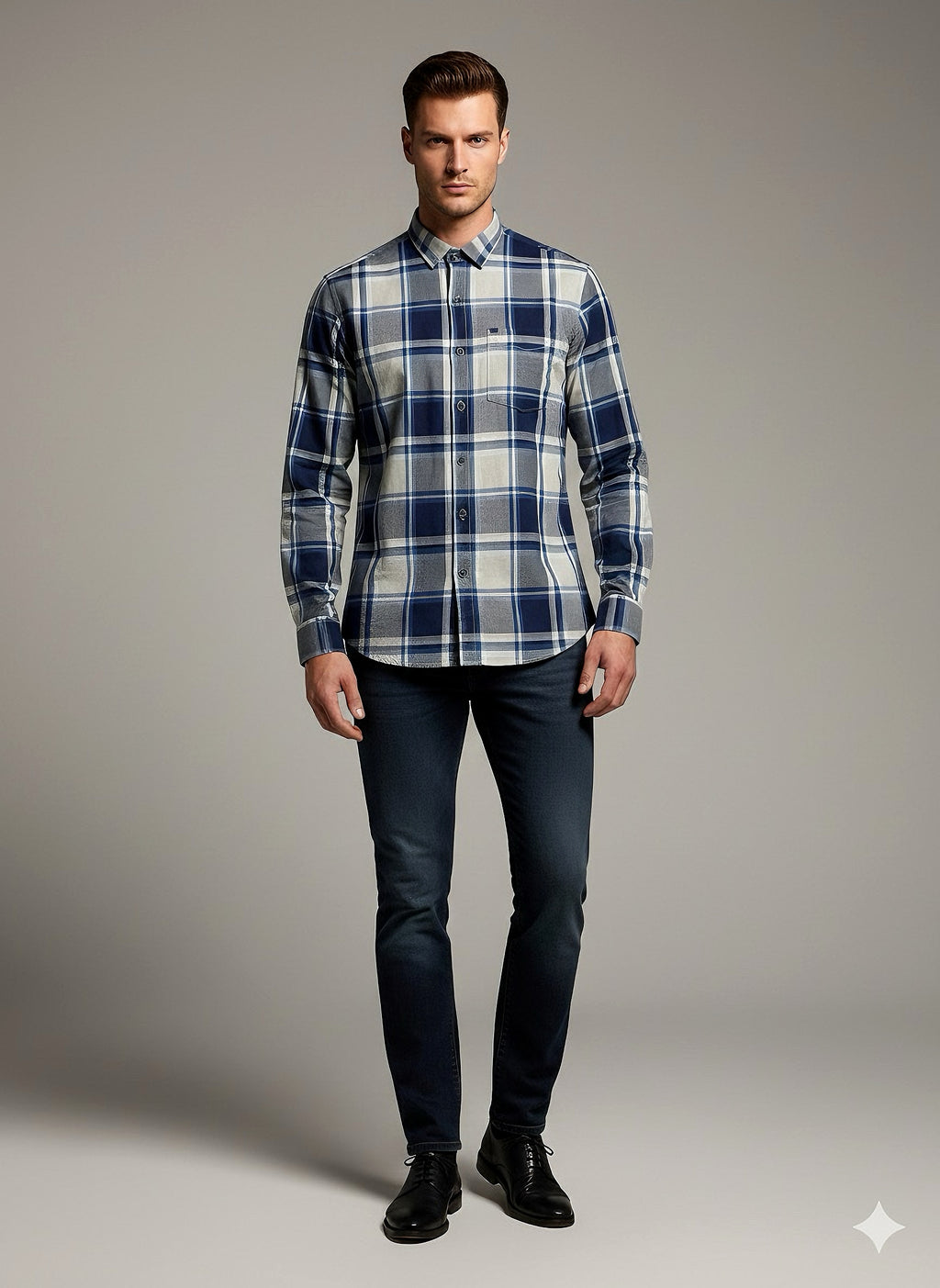 KENTO CLUB Premium Blue & Grey Checkered Men’s Shirt | Cotton Blend Plaid Shirt for Casual & Office Wear