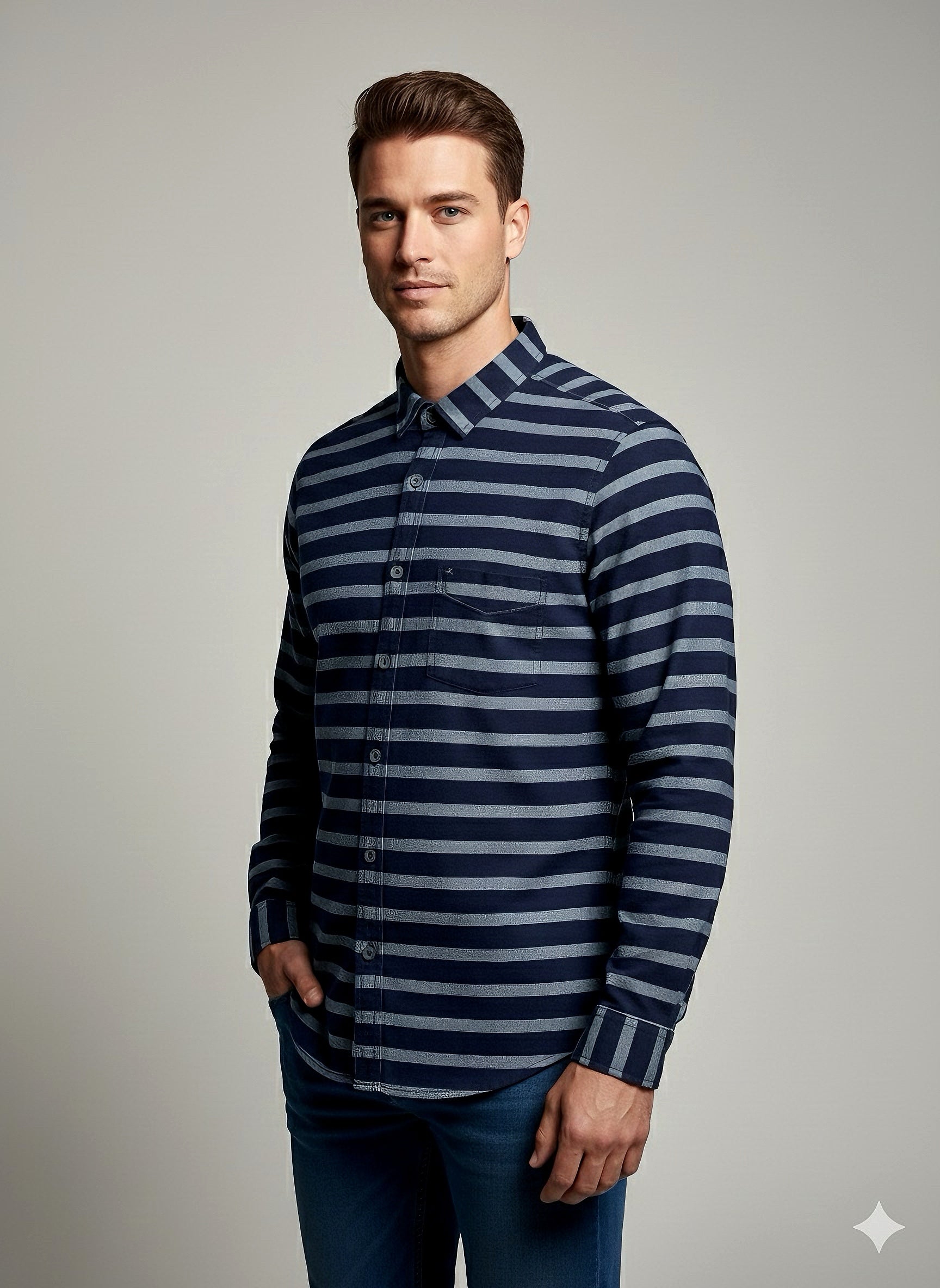 KENTO CLUB Premium Navy Blue Striped Men’s Shirt | Cotton Casual & Office Wear Shirt